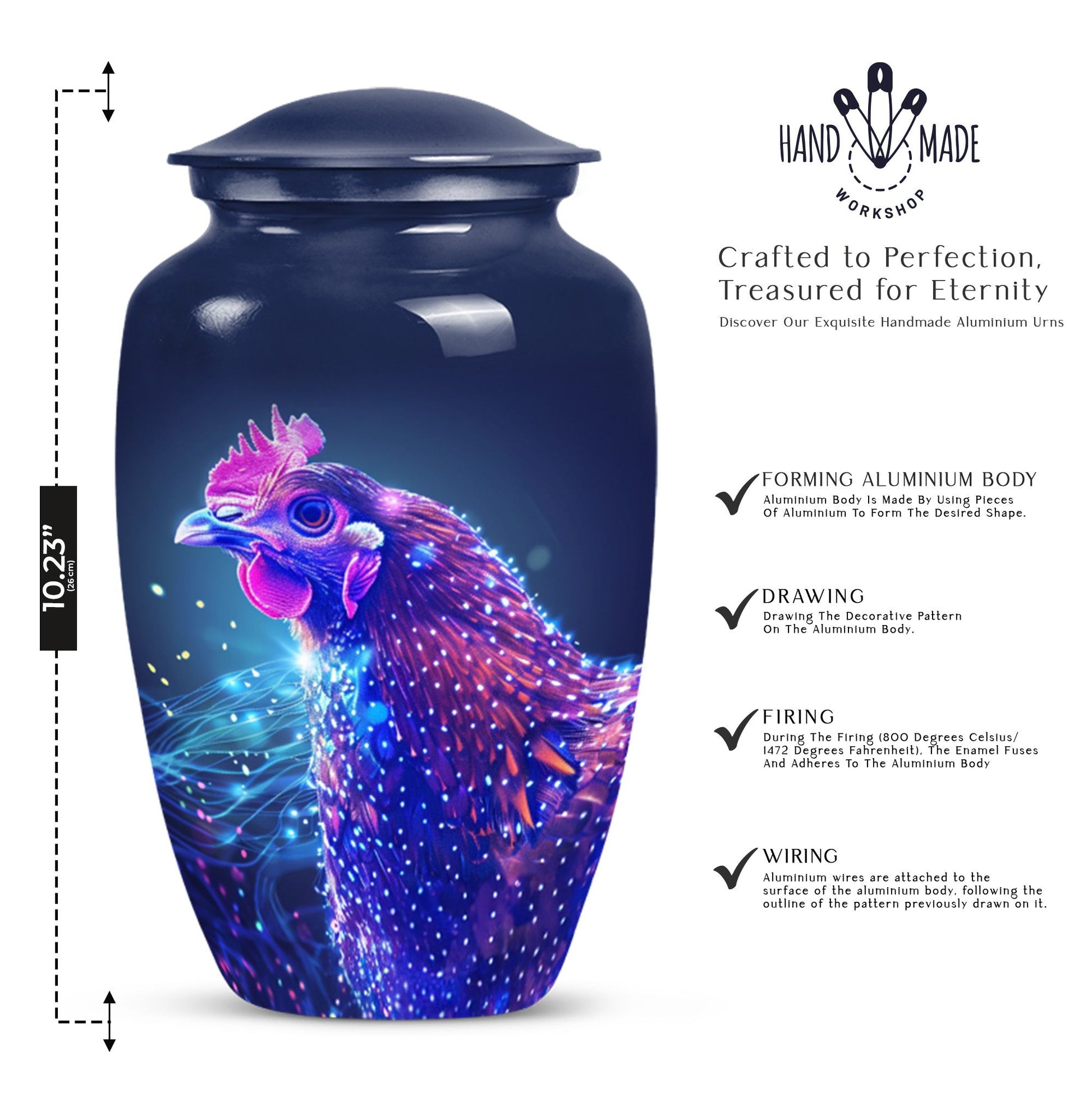 Classic 10-inch Chicken Urn with flower design.