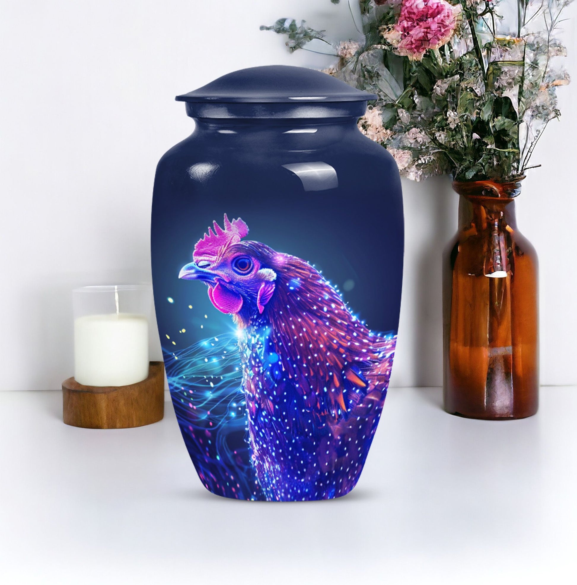 Classic 10-inch Chicken Urn with flower design.