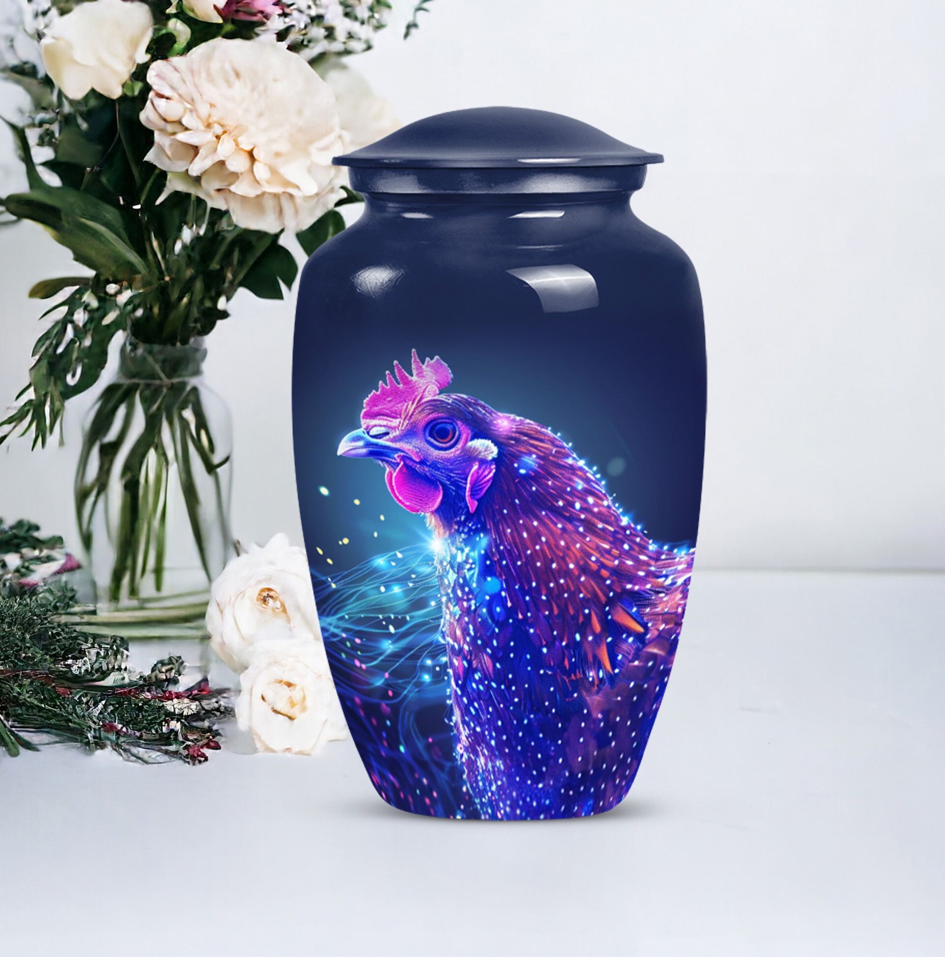 Classic 10-inch Chicken Urn with flower design.