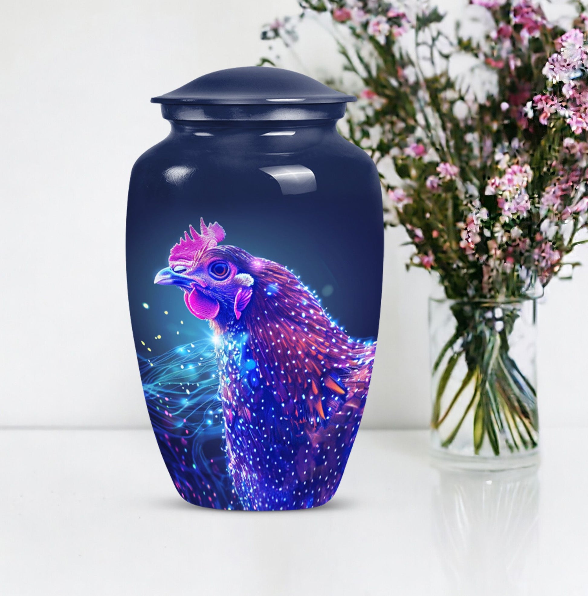 Classic 10-inch Chicken Urn with flower design.