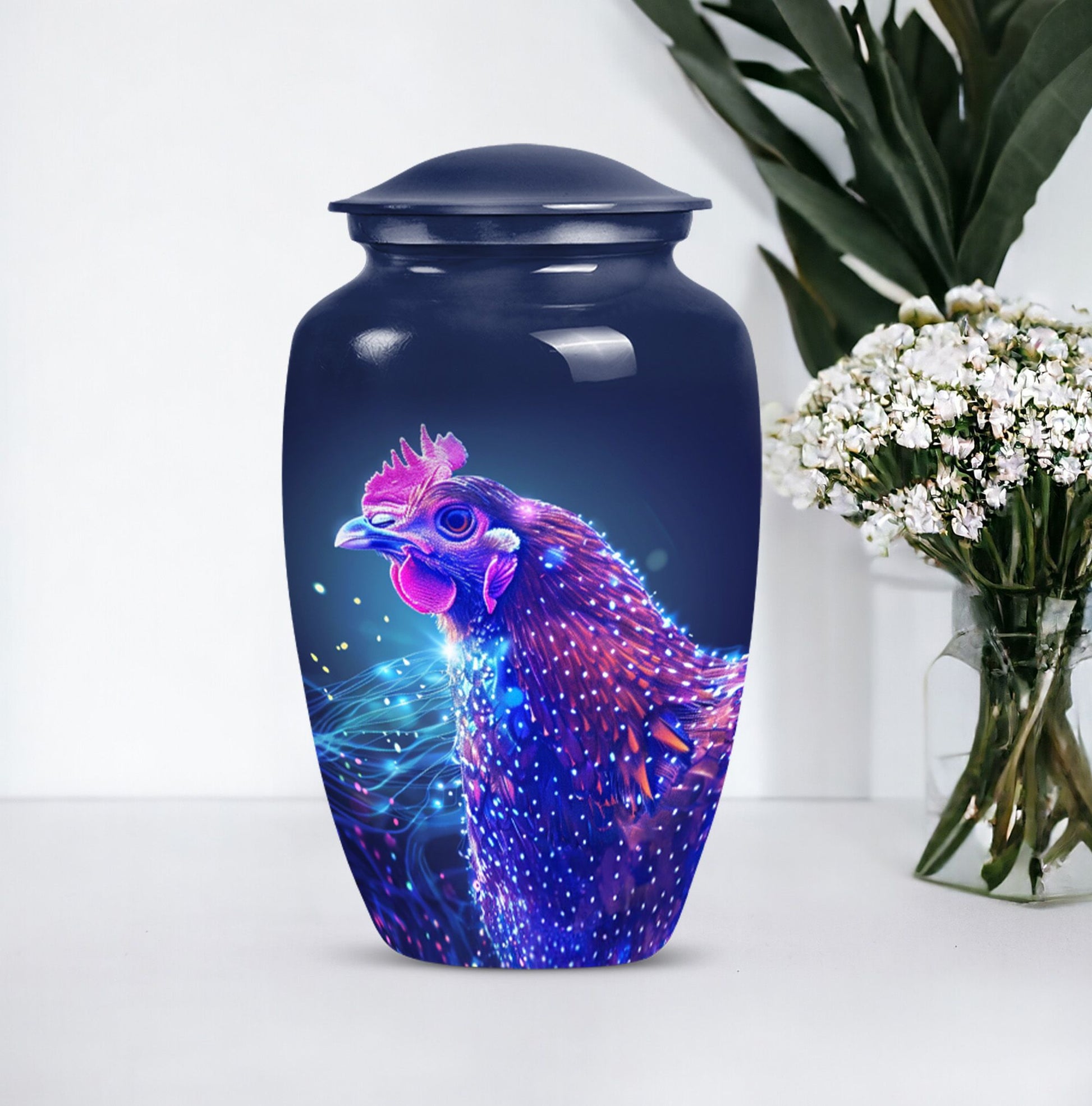 Classic 10-inch Chicken Urn with flower design.