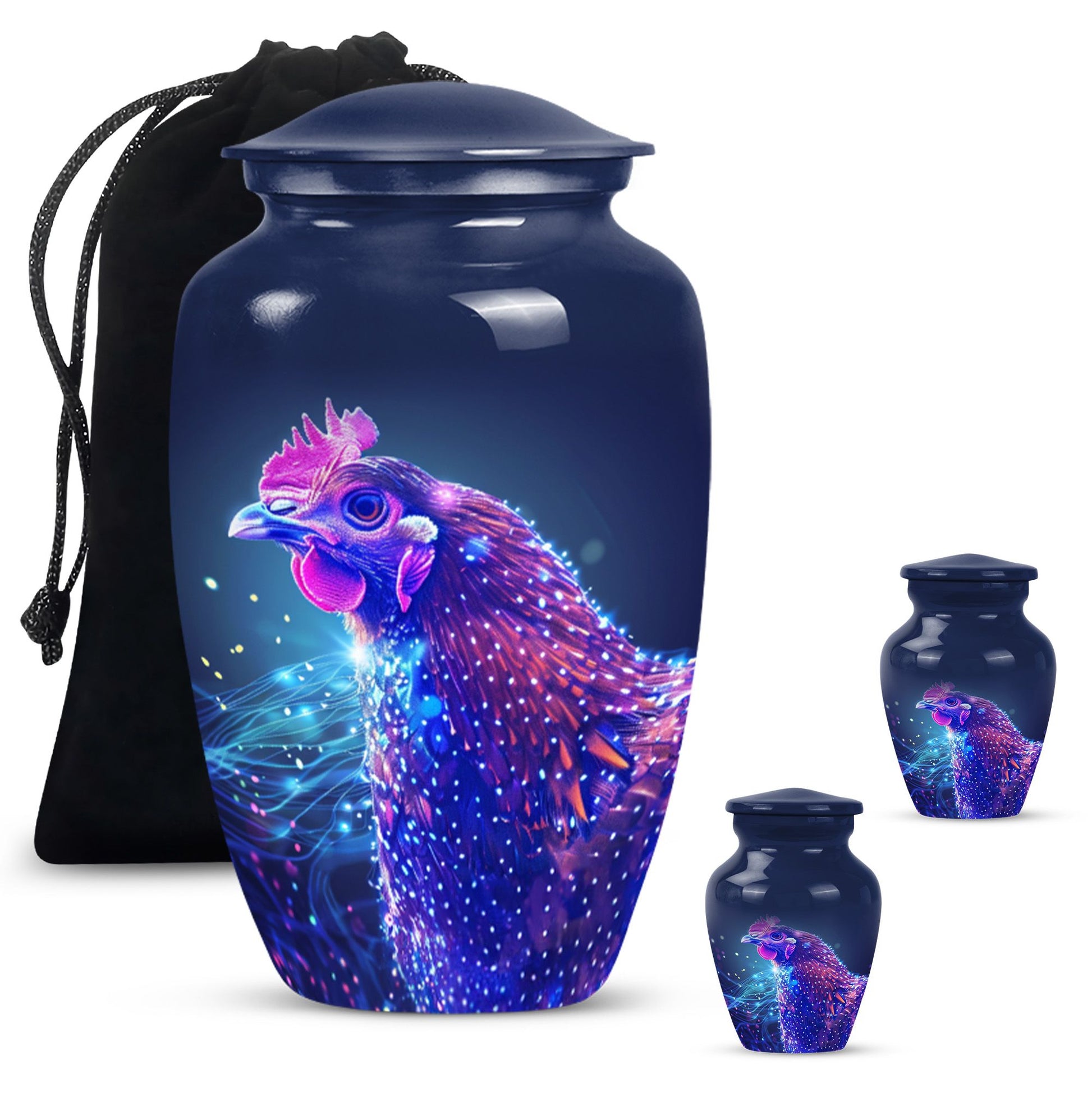 Classic 10-inch Chicken Urn with flower design.