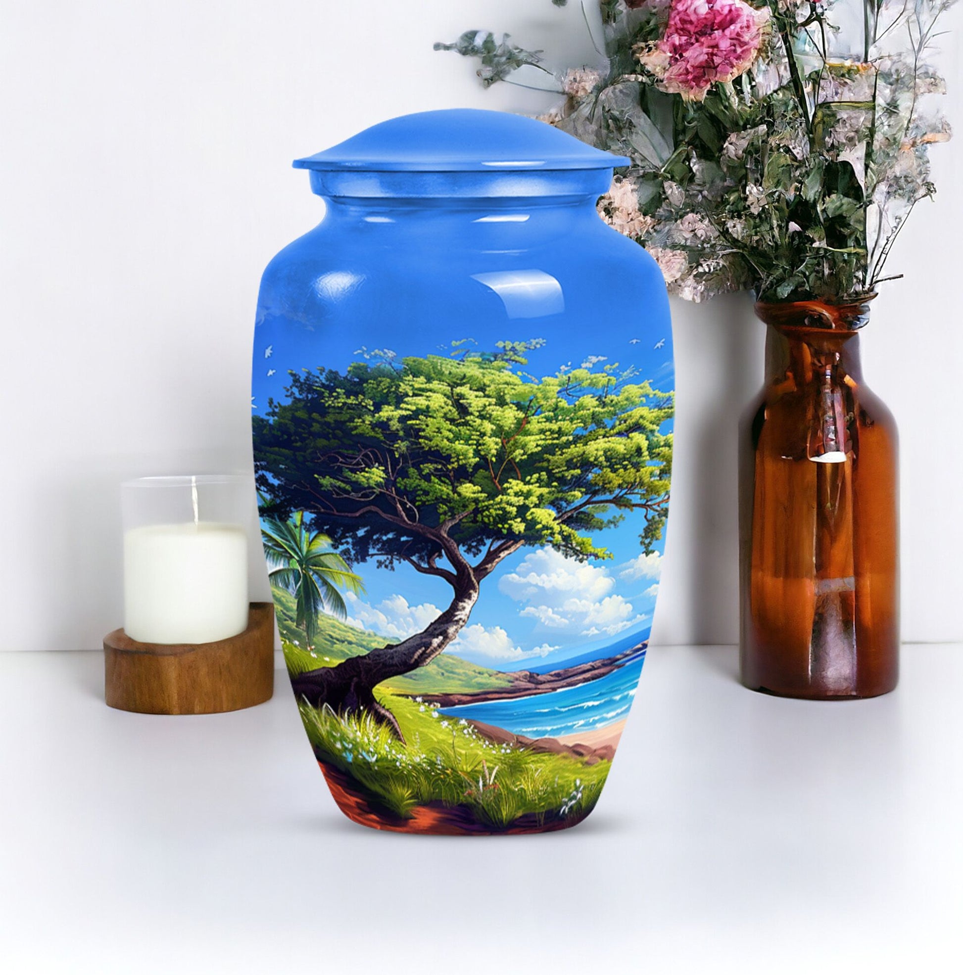 Beach Urn with flower theme for adult ashes.