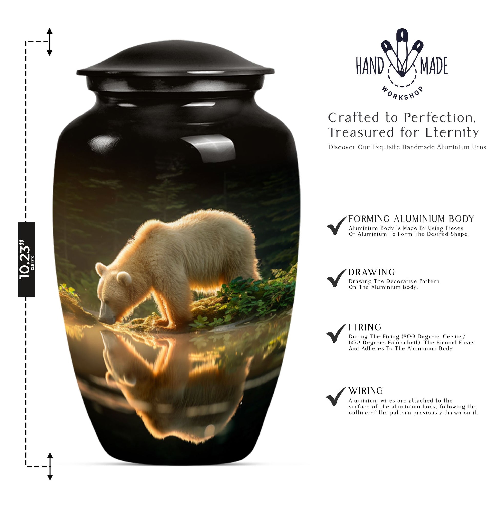 10-inch bear urn, aluminium cremation urn with butterfly theme.