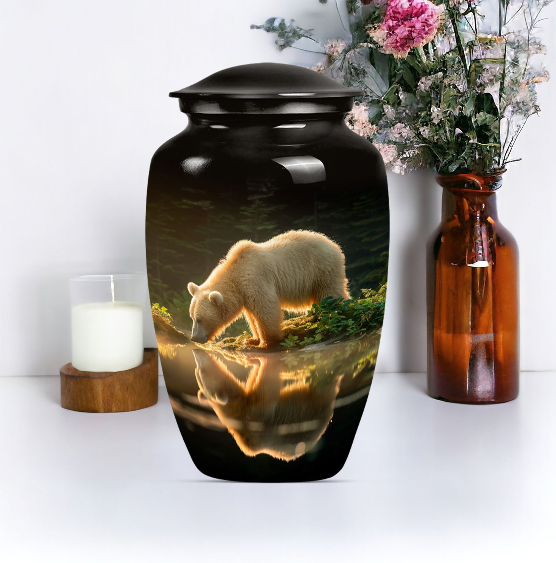 10-inch bear urn, aluminium cremation urn with butterfly theme.