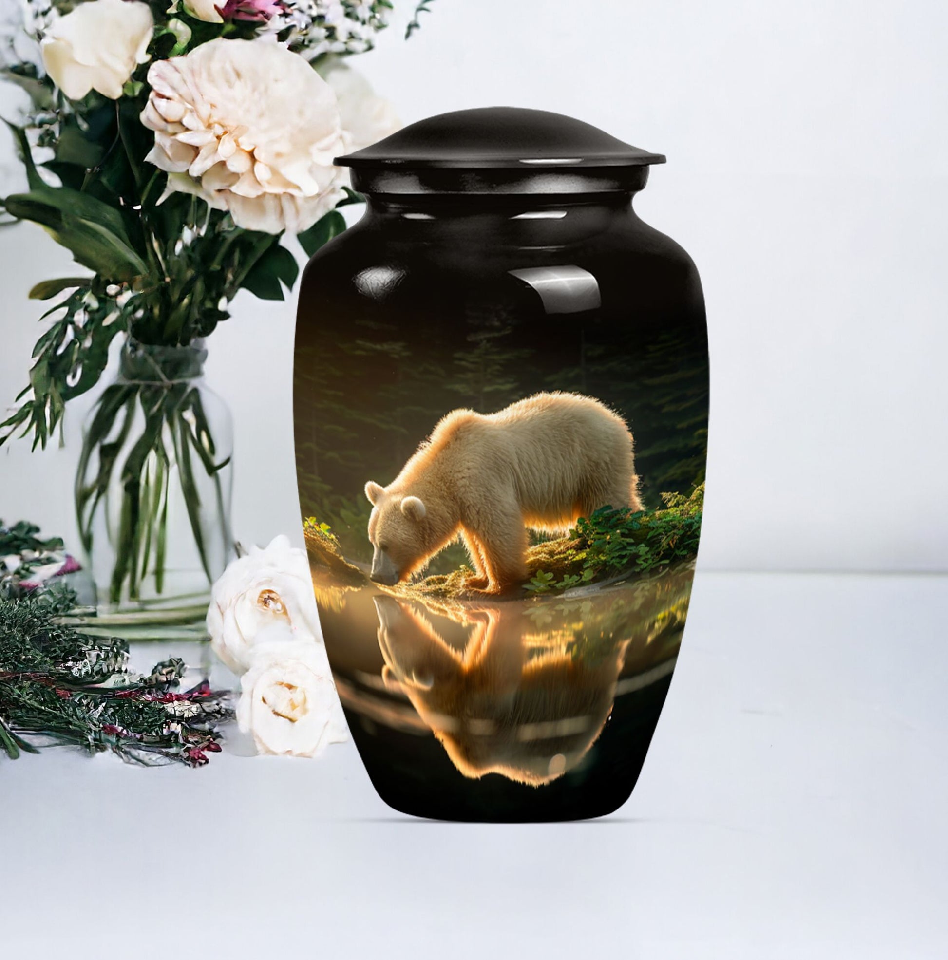 10-inch bear urn, aluminium cremation urn with butterfly theme.