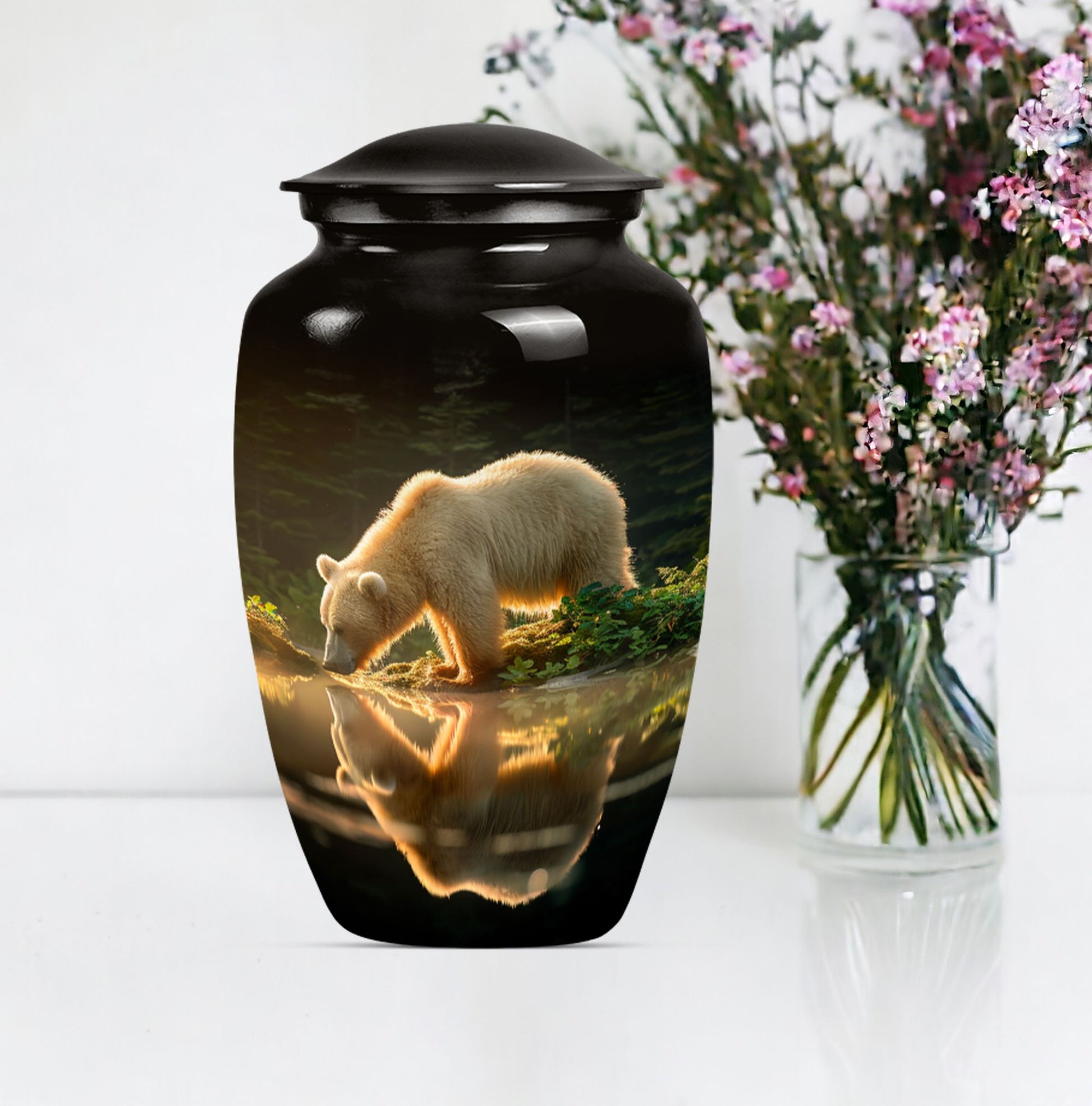 10-inch bear urn, aluminium cremation urn with butterfly theme.