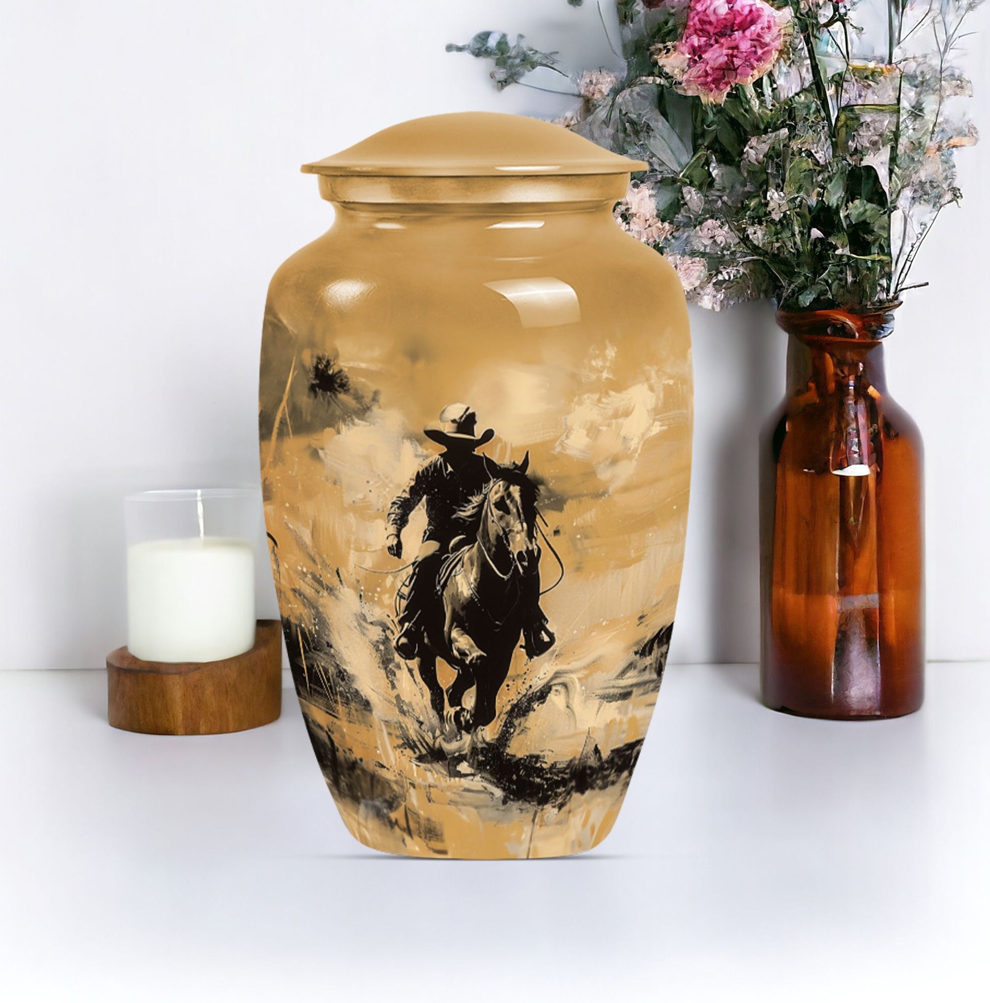 '-themed cowboy urn,