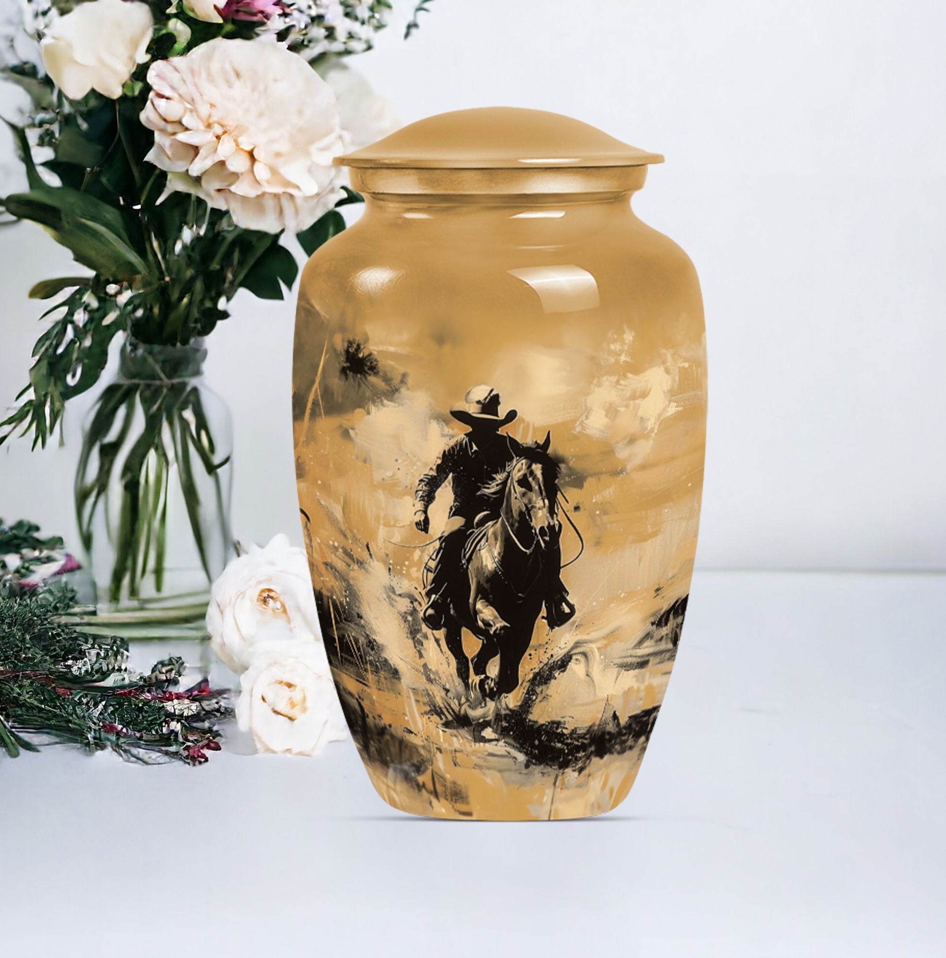 '-themed cowboy urn,