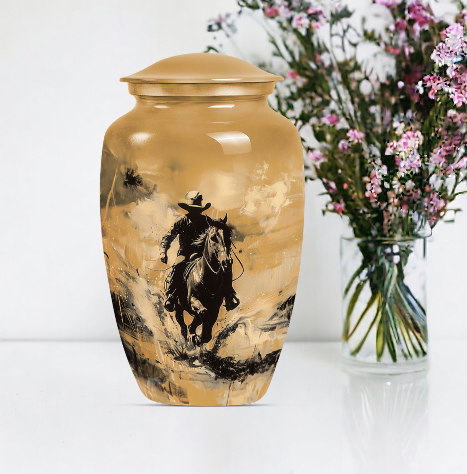 '-themed cowboy urn,