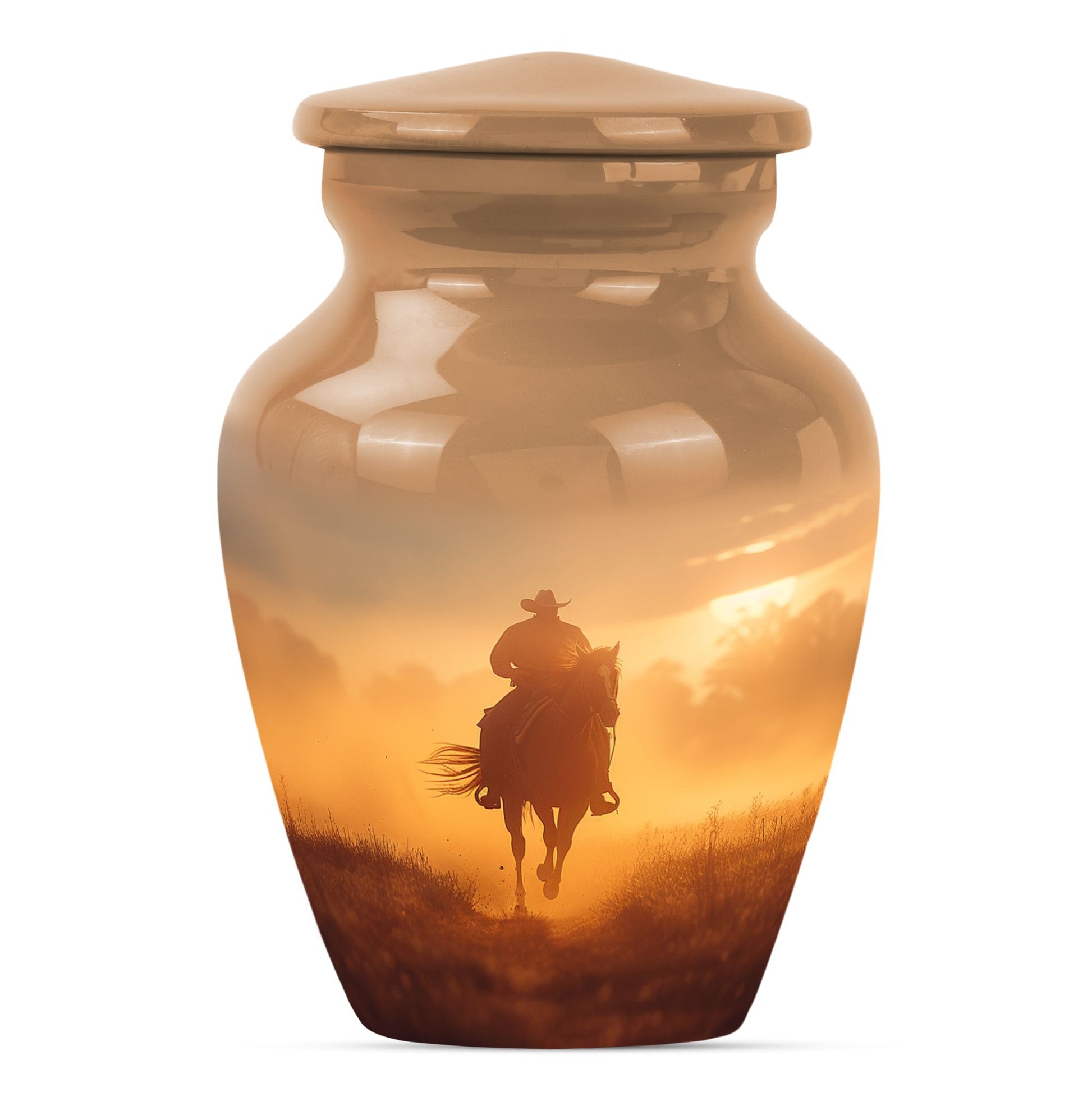 Classic cowboy urn with butterfly theme.