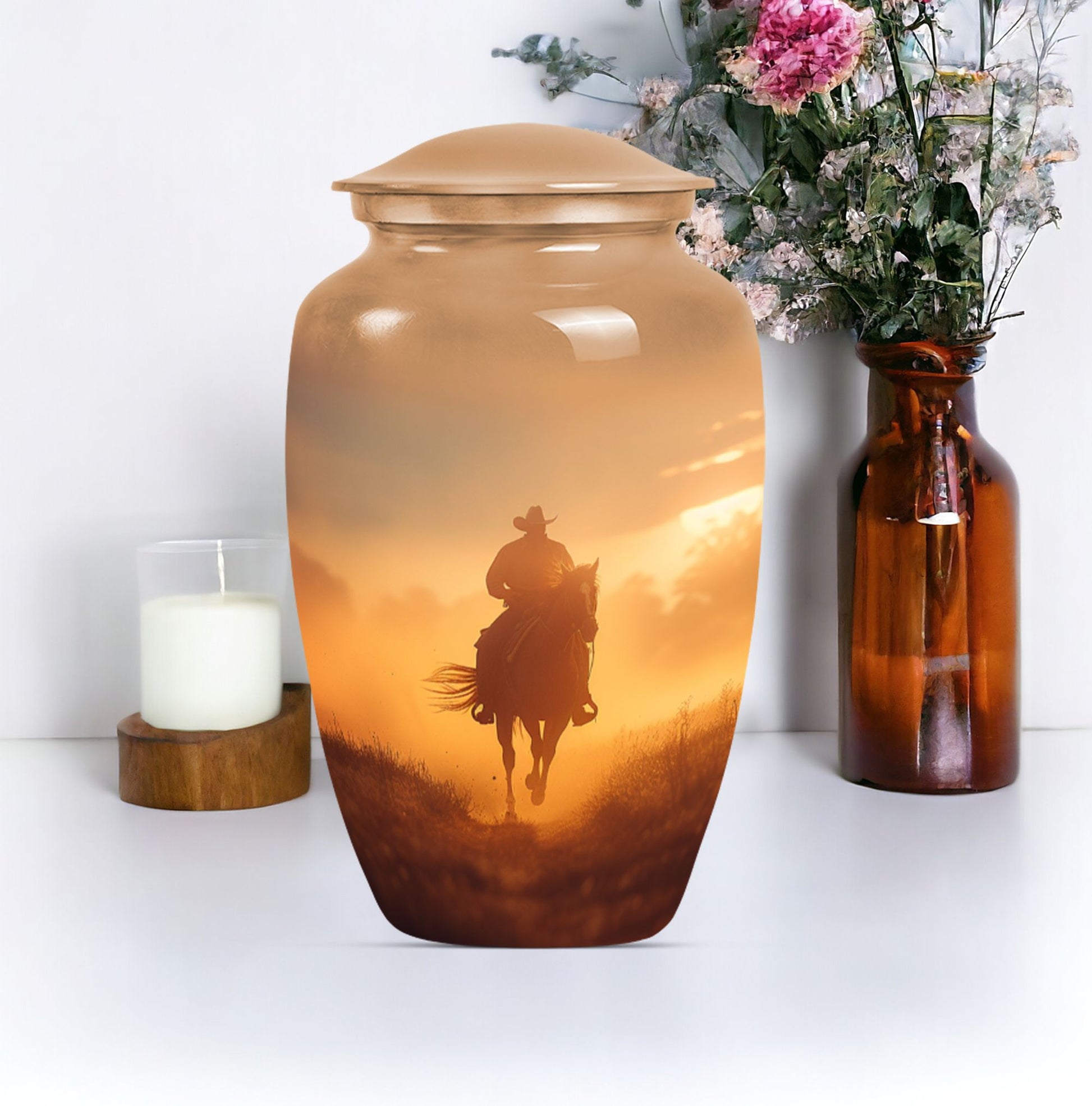 Classic cowboy urn with butterfly theme.