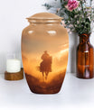 Classic cowboy urn with butterfly theme.