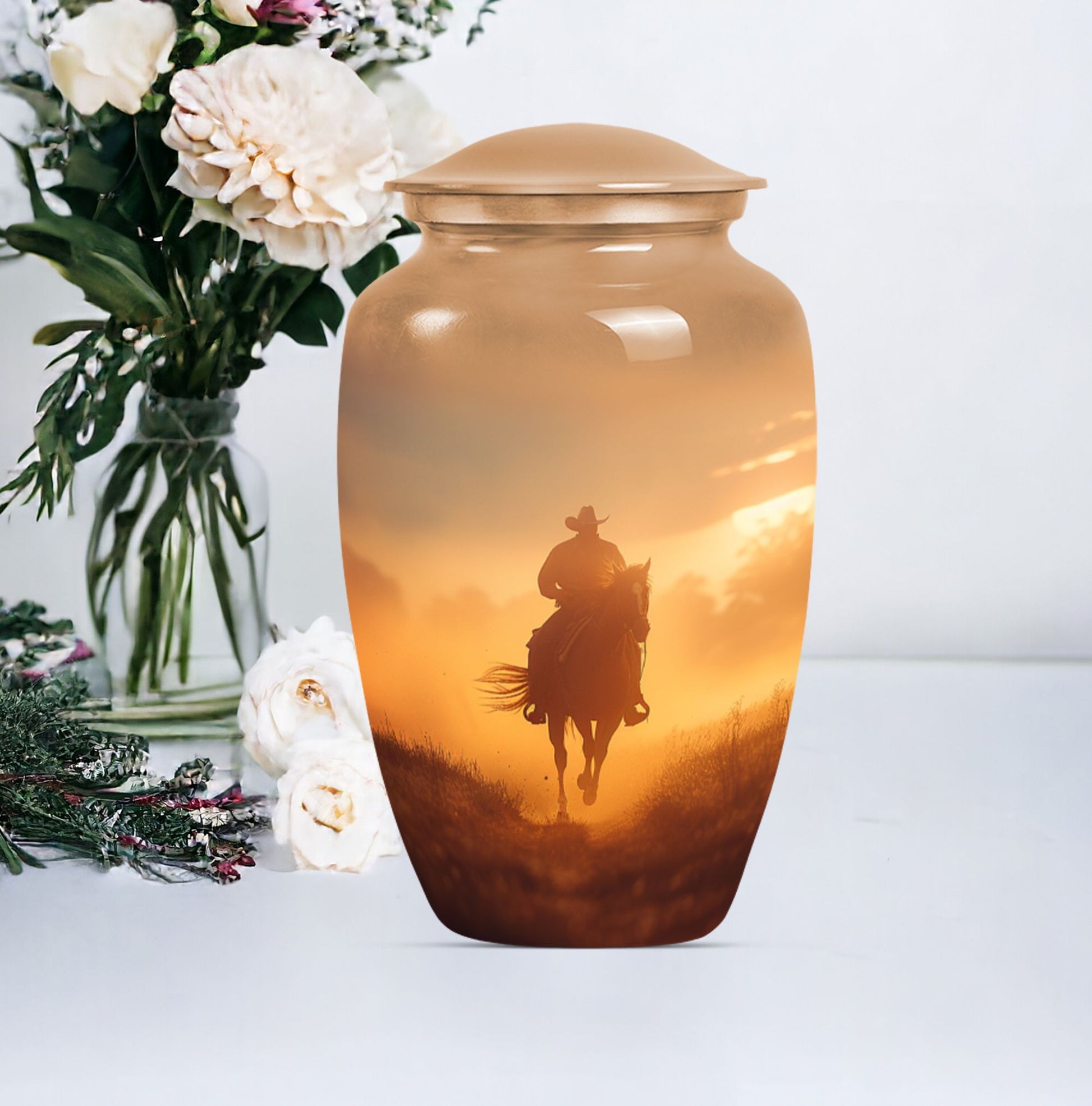 Classic cowboy urn with butterfly theme.