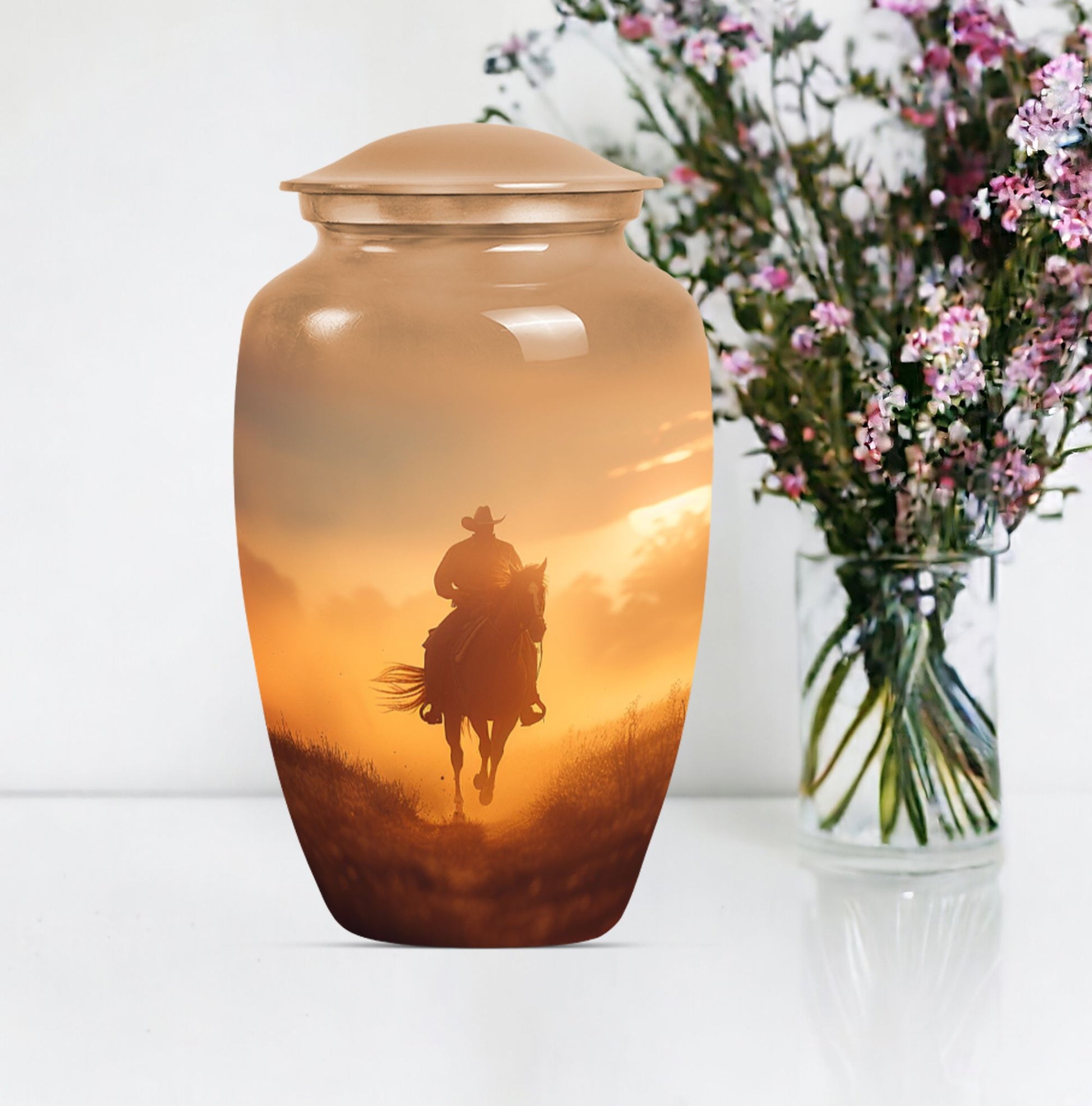 Classic cowboy urn with butterfly theme.