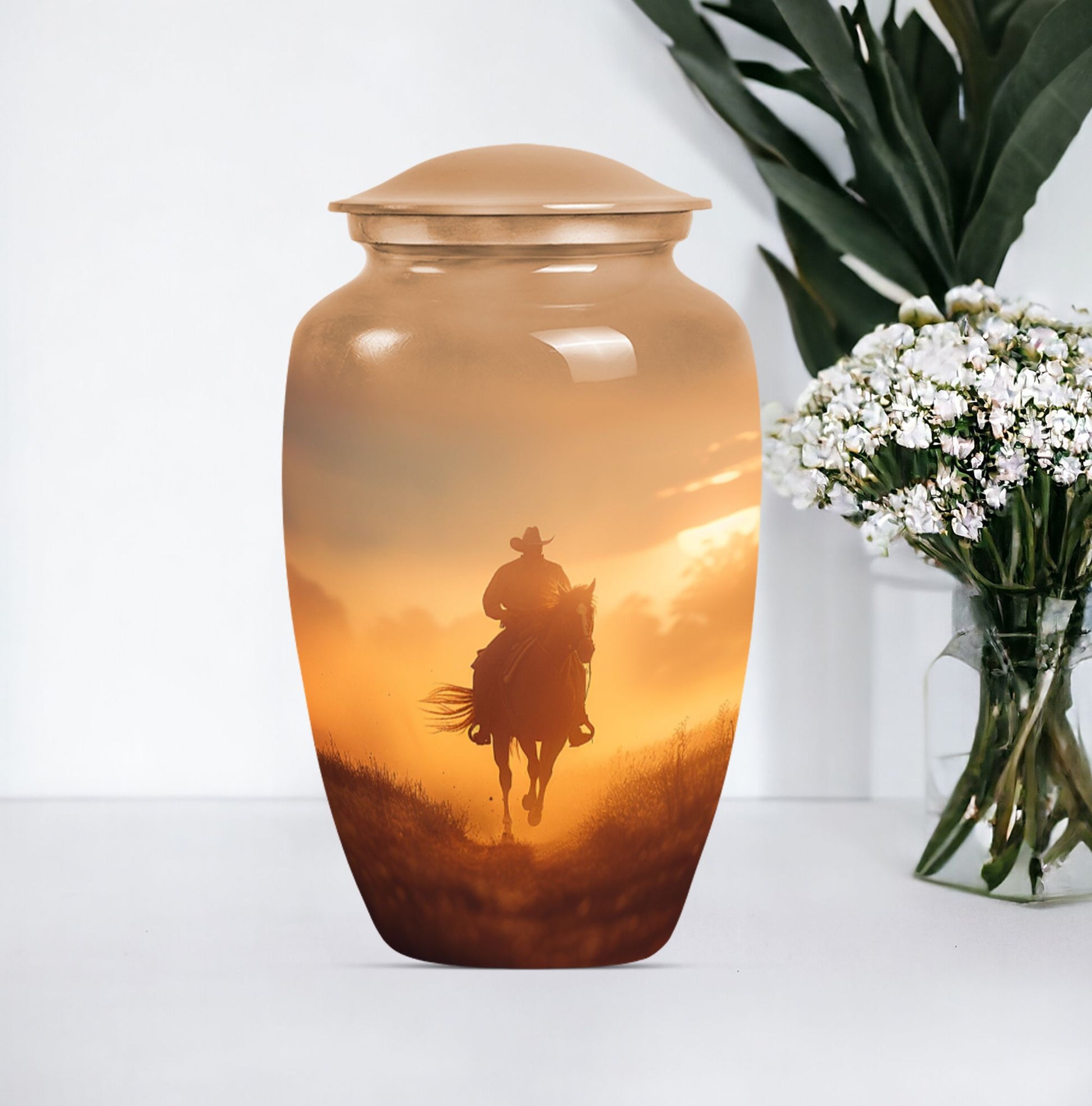 Classic cowboy urn with butterfly theme.