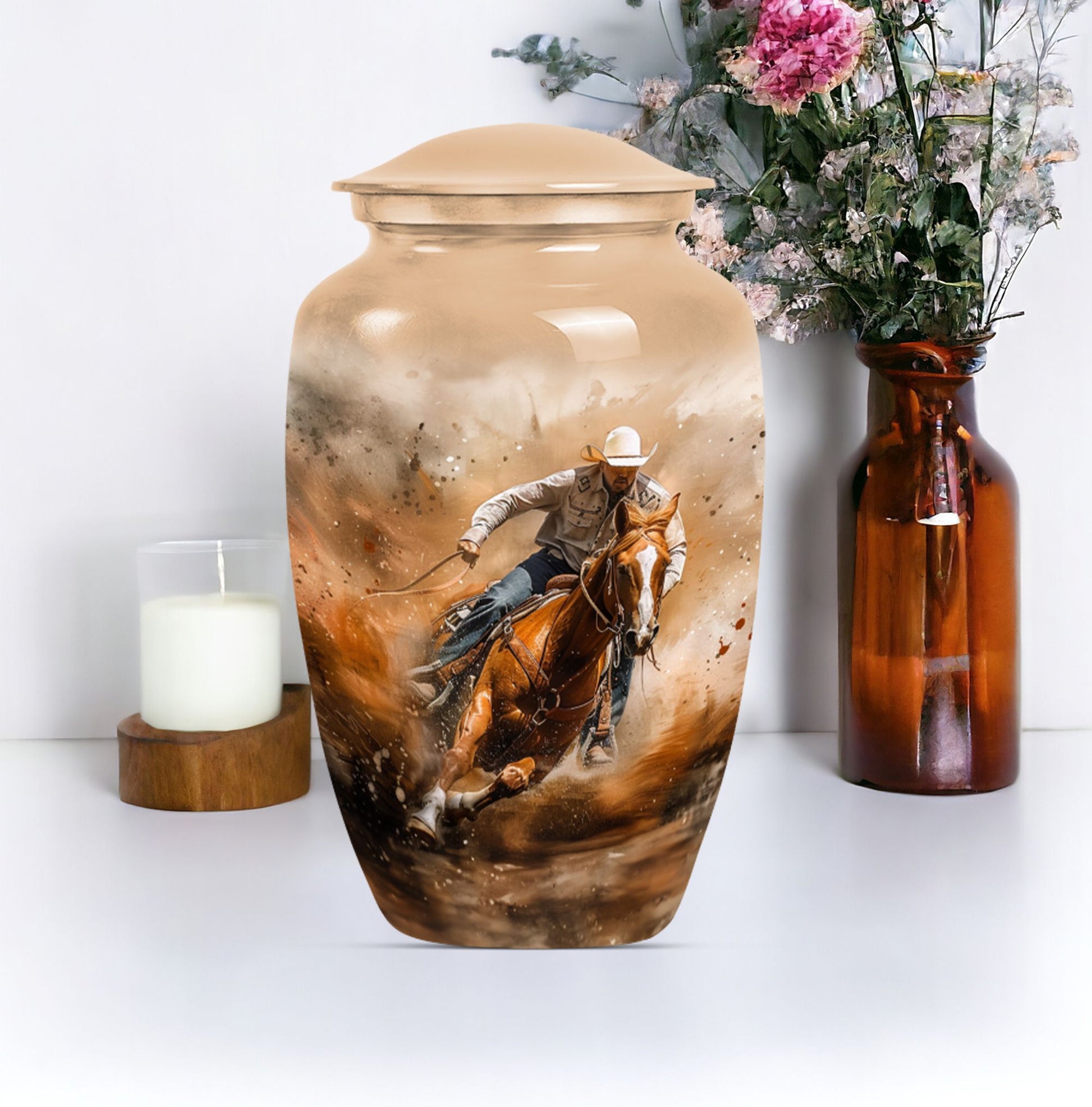 Classic 10-inch aluminum cowboy cremation urn for men