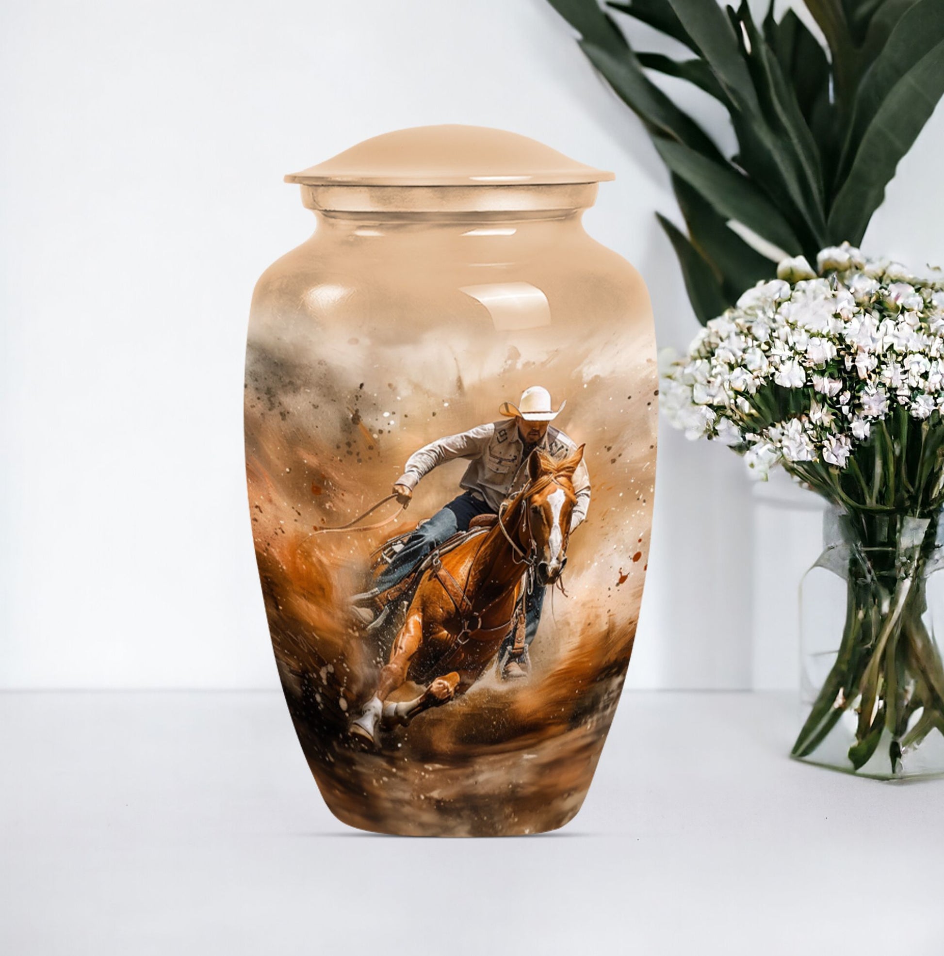 Classic 10-inch aluminum cowboy cremation urn for men