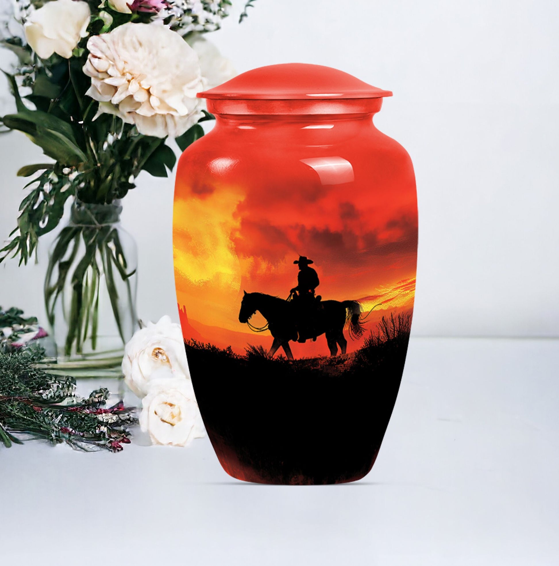 10 inch classic aluminium cowboy urn with butterfly theme, 