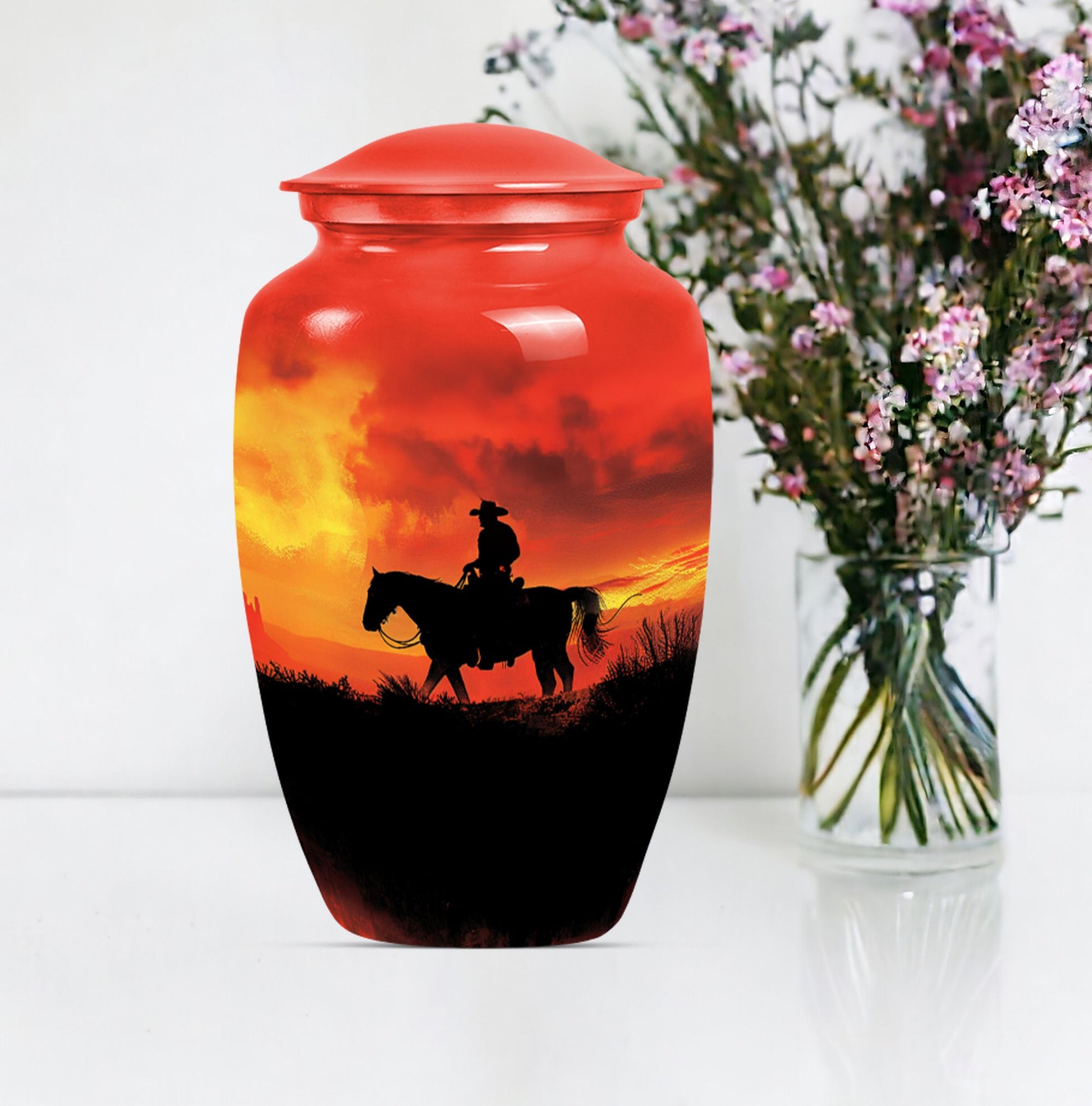 10 inch classic aluminium cowboy urn with butterfly theme, 