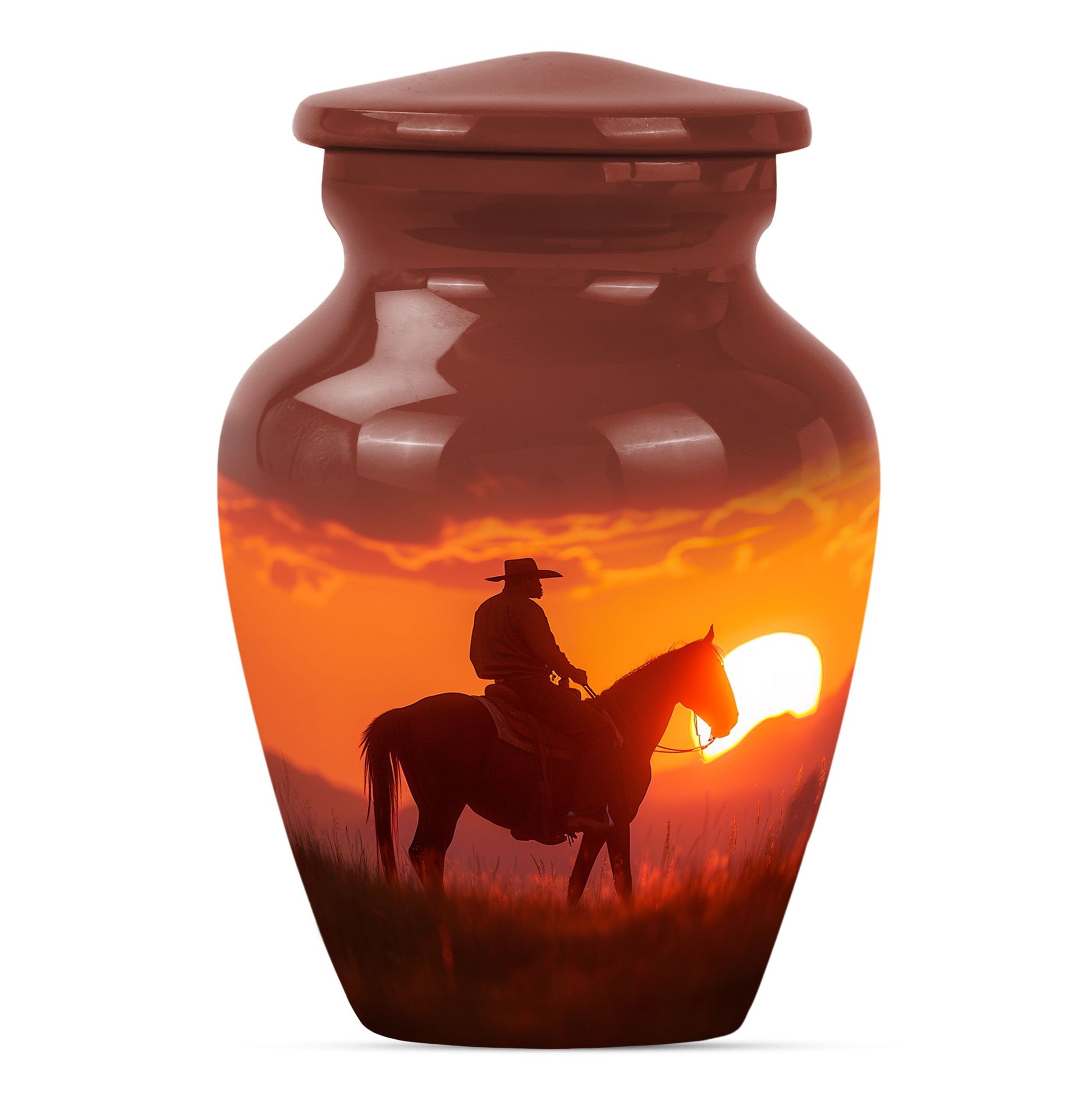 10-inch classic cowboy urn with butterfly theme.