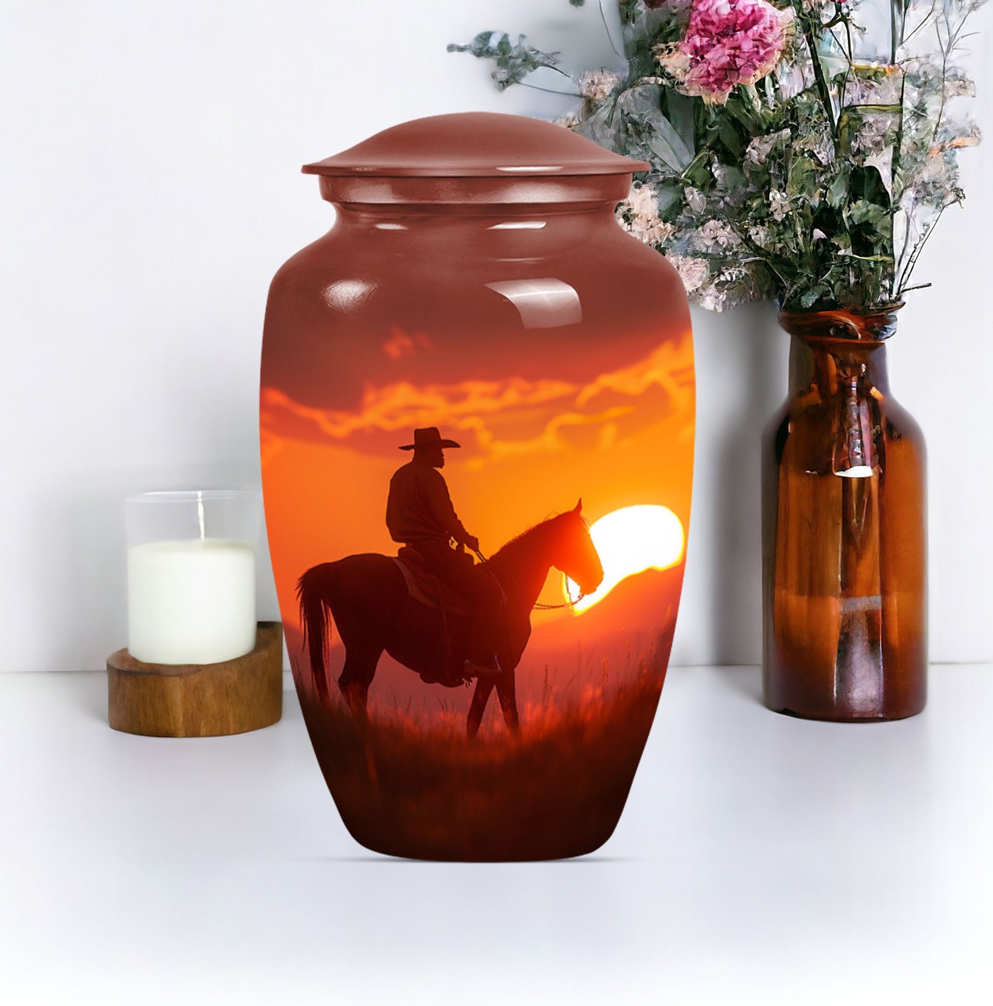 10-inch classic cowboy urn with butterfly theme.