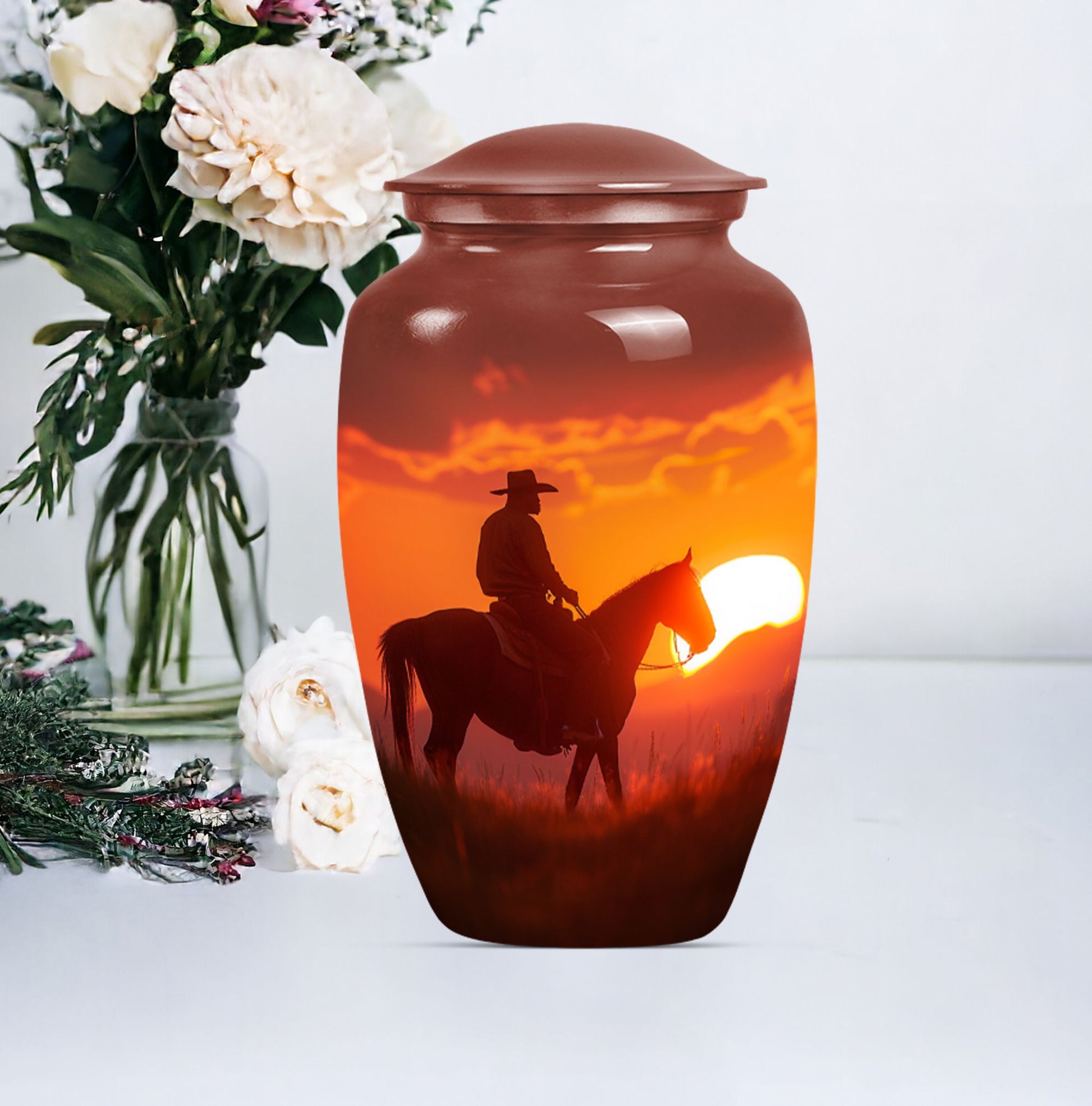 10-inch classic cowboy urn with butterfly theme.