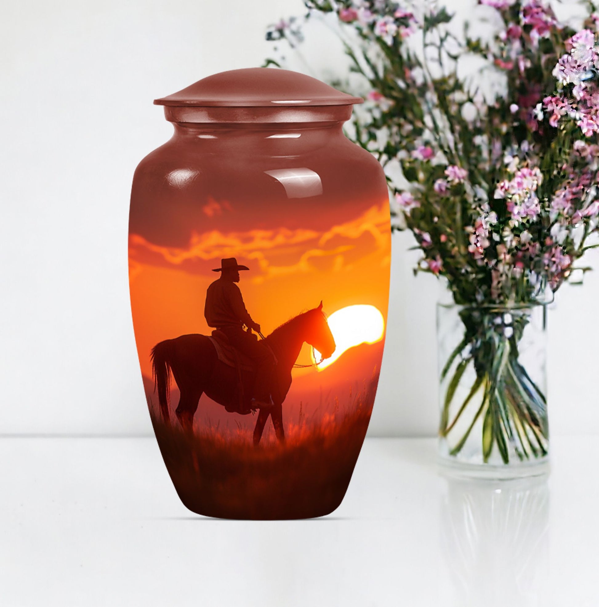 10-inch classic cowboy urn with butterfly theme.