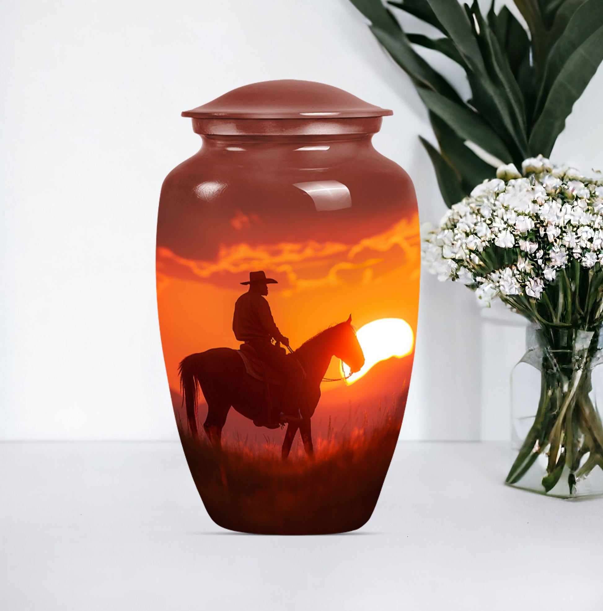 10-inch classic cowboy urn with butterfly theme.