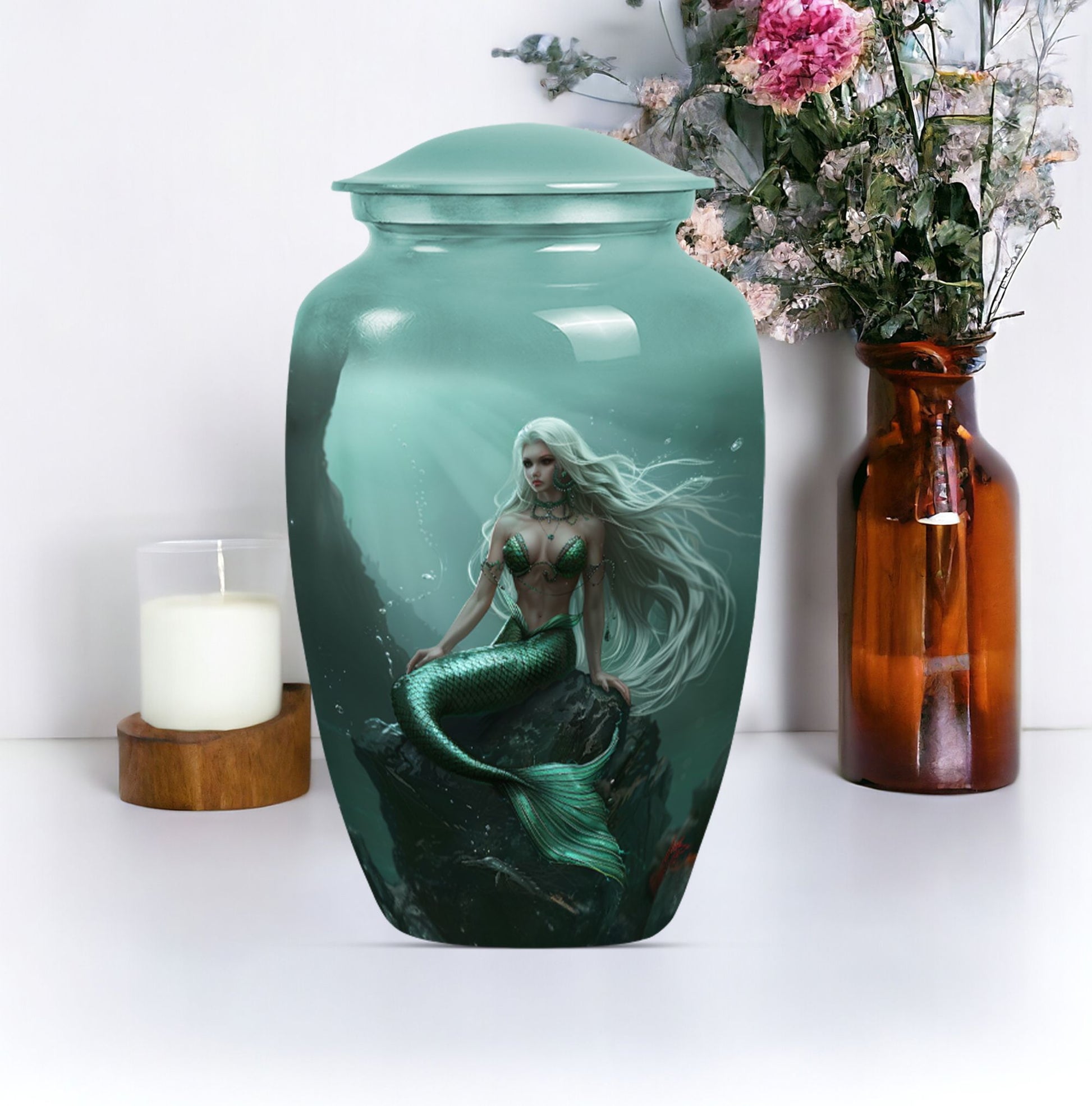 10-inch classic design mermaid urn with butterfly theme.