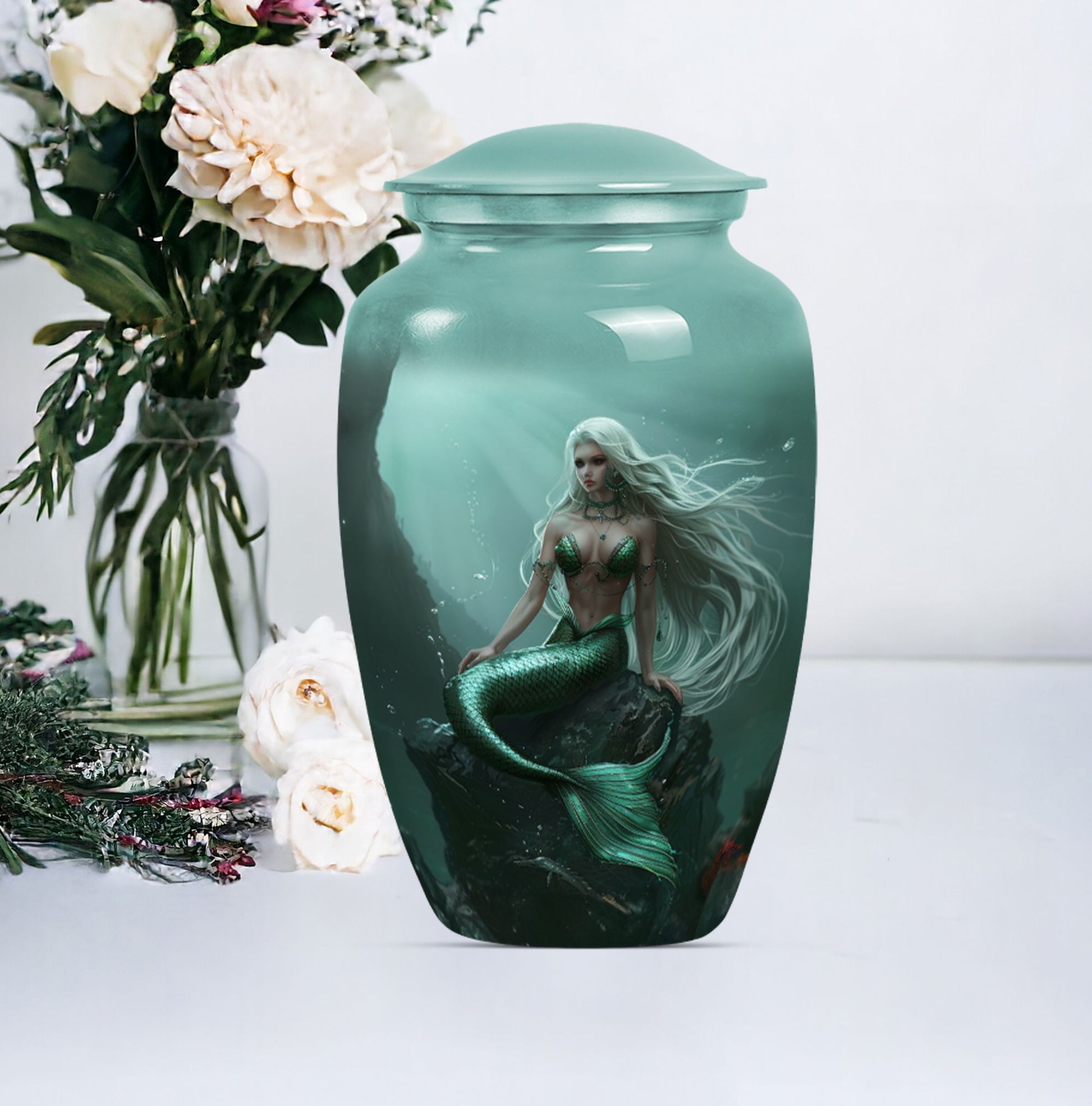 10-inch classic design mermaid urn with butterfly theme.