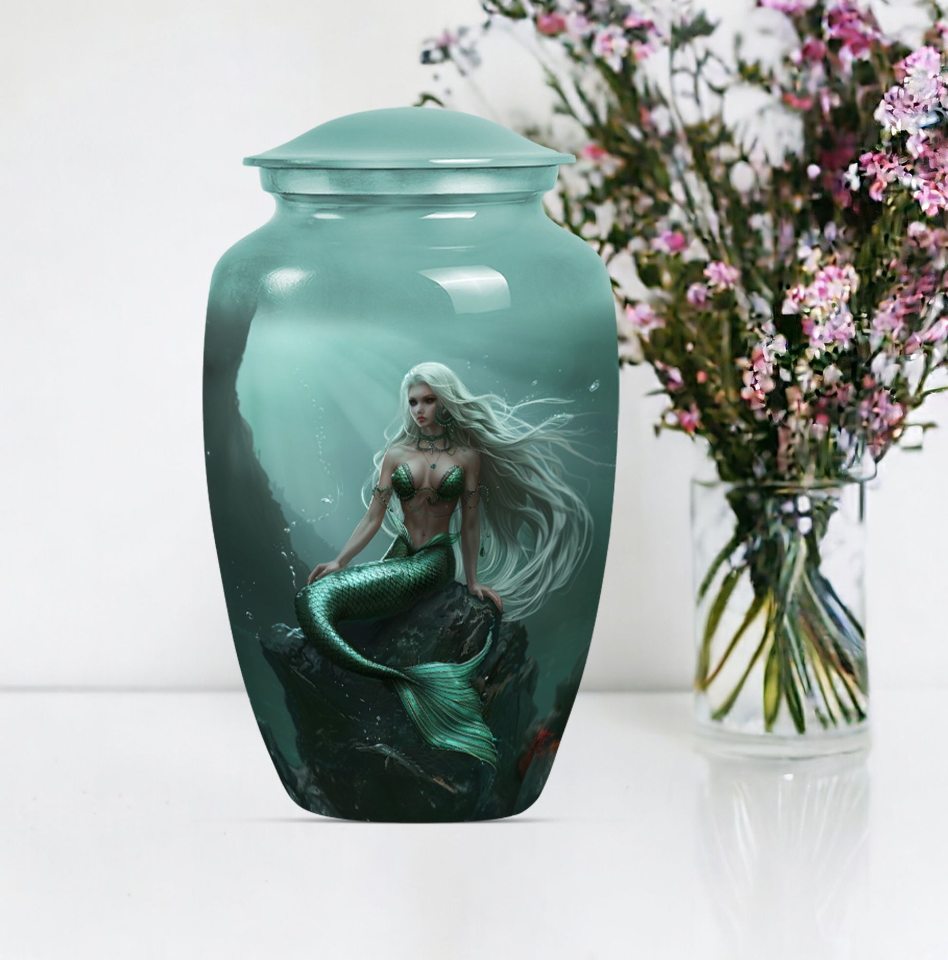 10-inch classic design mermaid urn with butterfly theme.