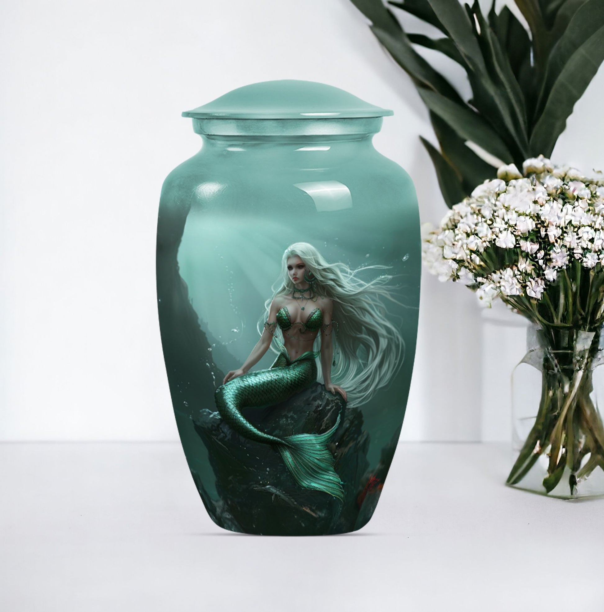 10-inch classic design mermaid urn with butterfly theme.