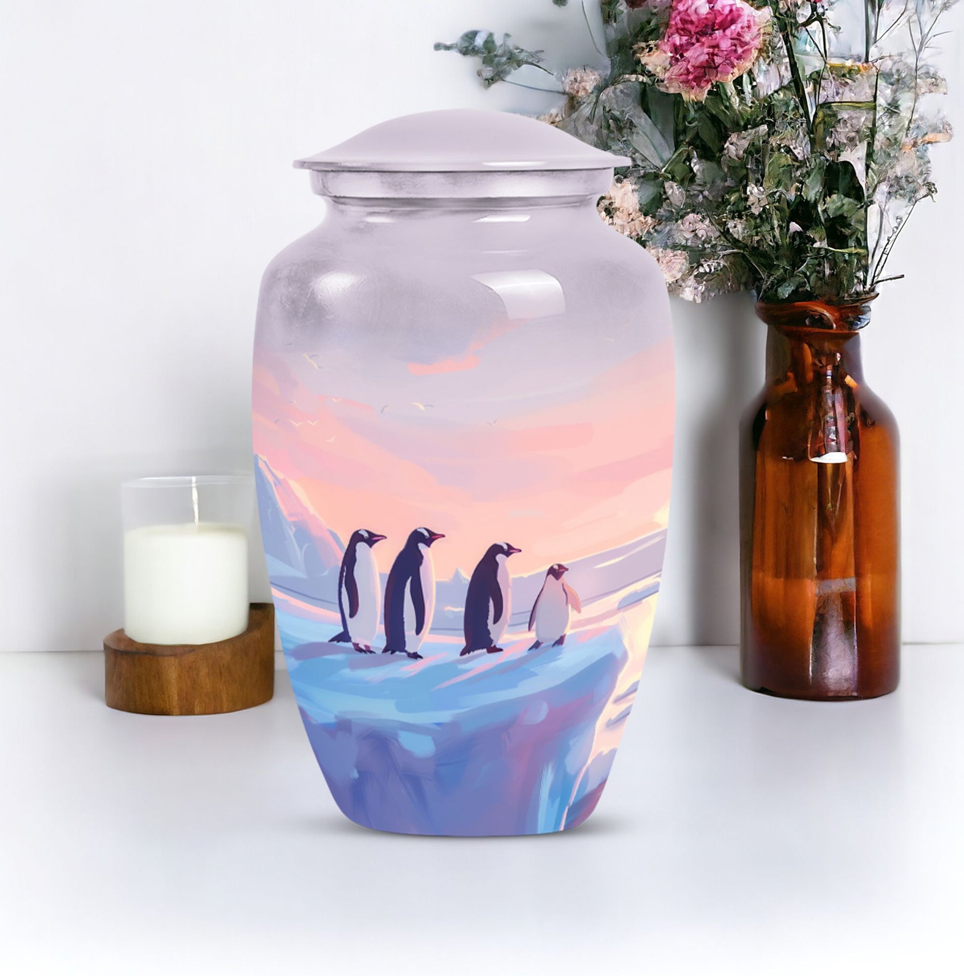 Penguin Cremation Urn with Butterfly Theme for Dad's Ashes