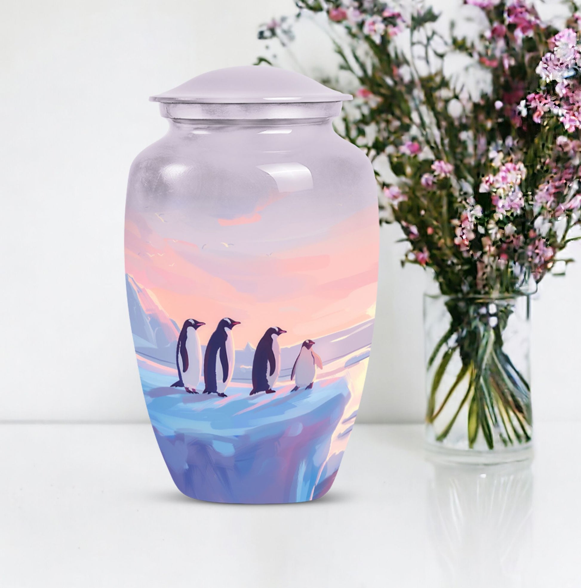 Penguin Cremation Urn with Butterfly Theme for Dad's Ashes