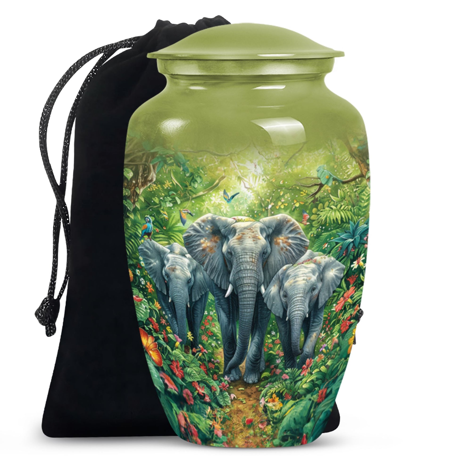 10 inch classic elephant urn with butterfly theme.