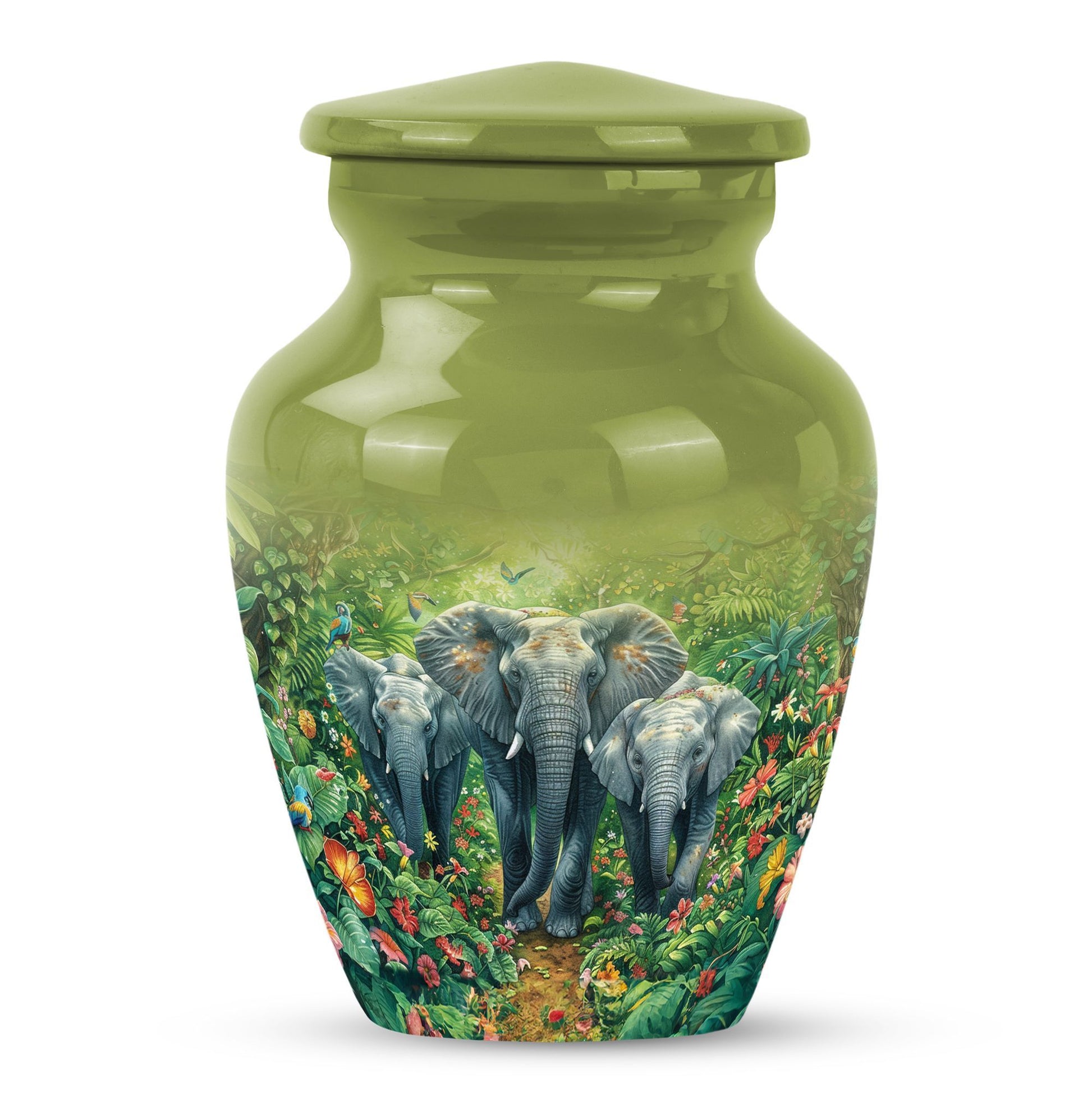 10 inch classic elephant urn with butterfly theme.