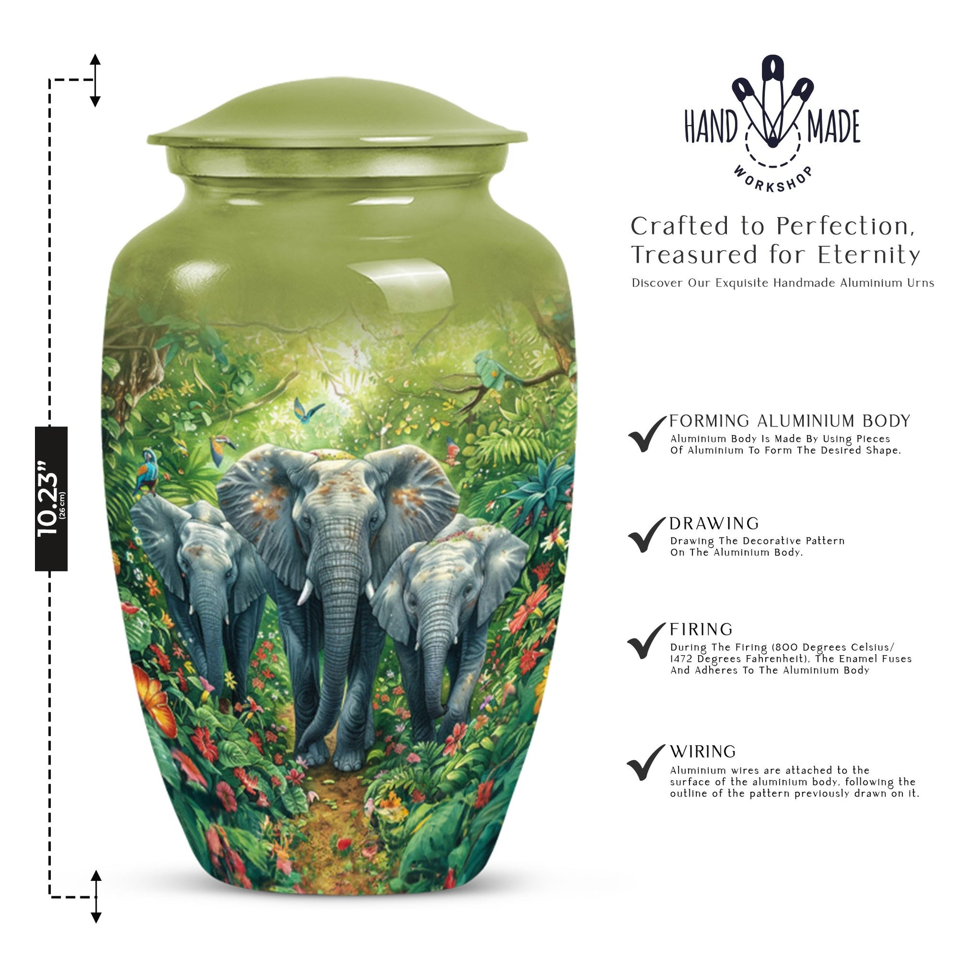 10 inch classic elephant urn with butterfly theme.