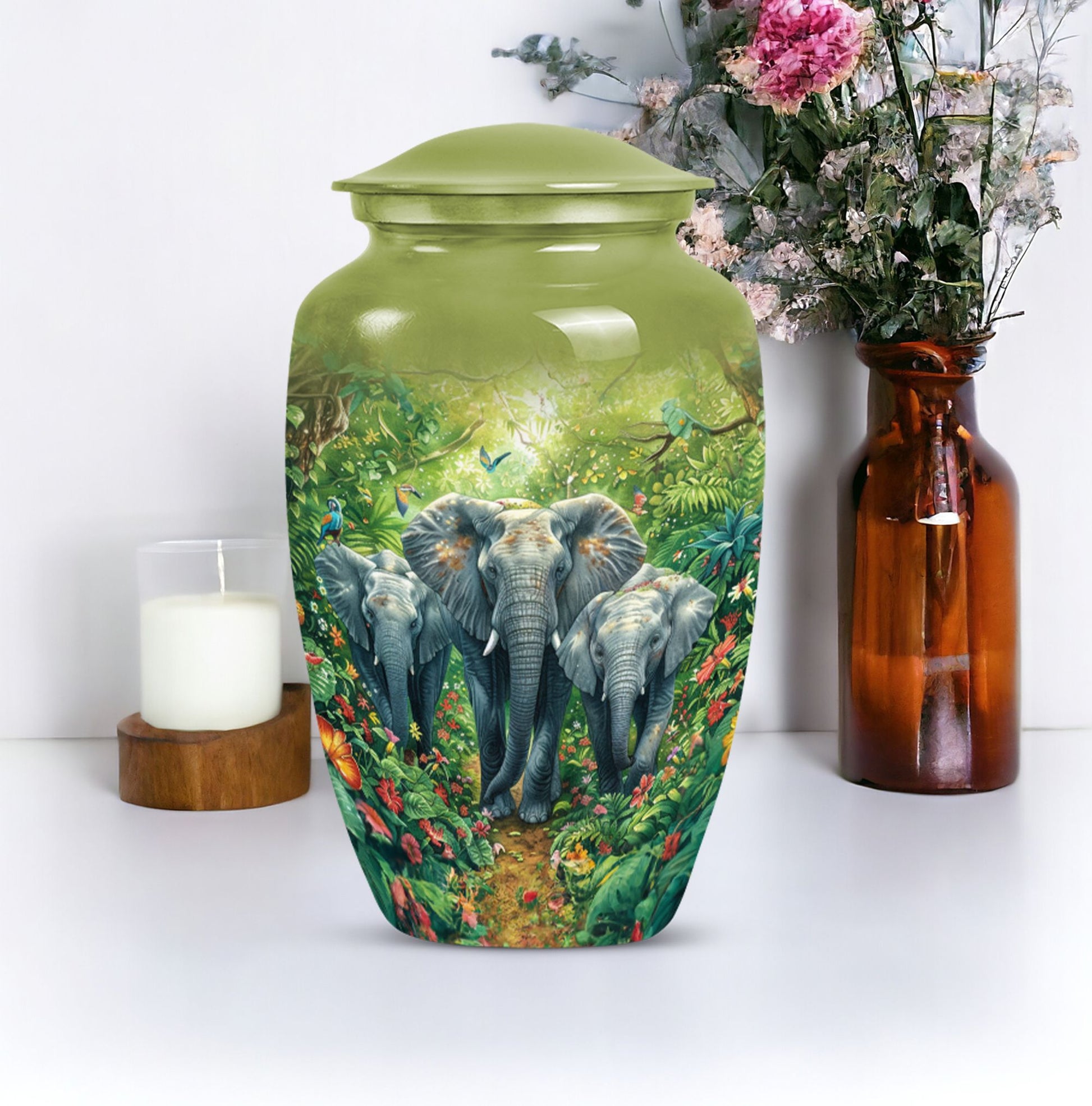 10 inch classic elephant urn with butterfly theme.