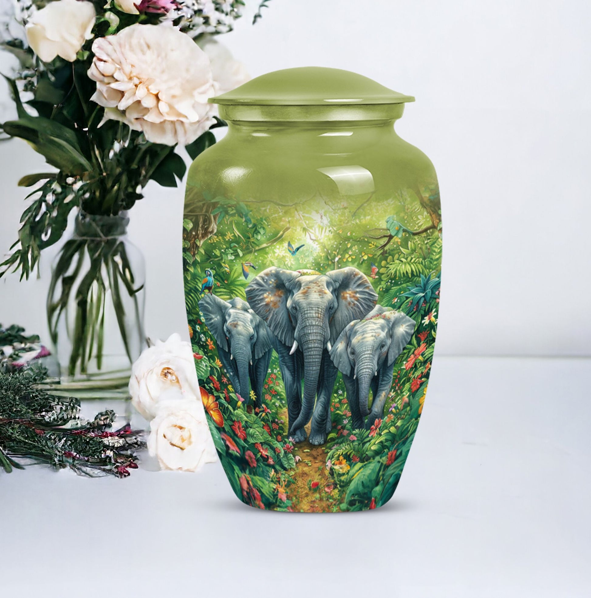 10 inch classic elephant urn with butterfly theme.