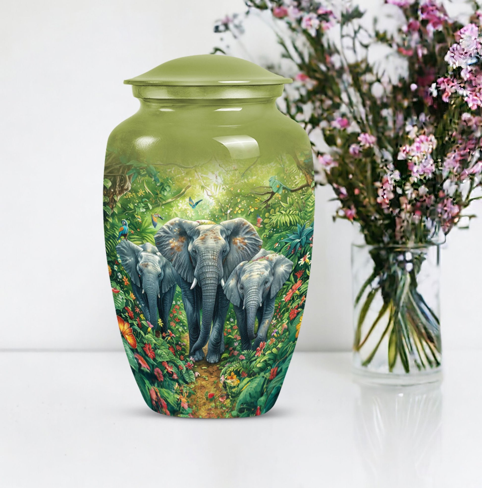 10 inch classic elephant urn with butterfly theme.