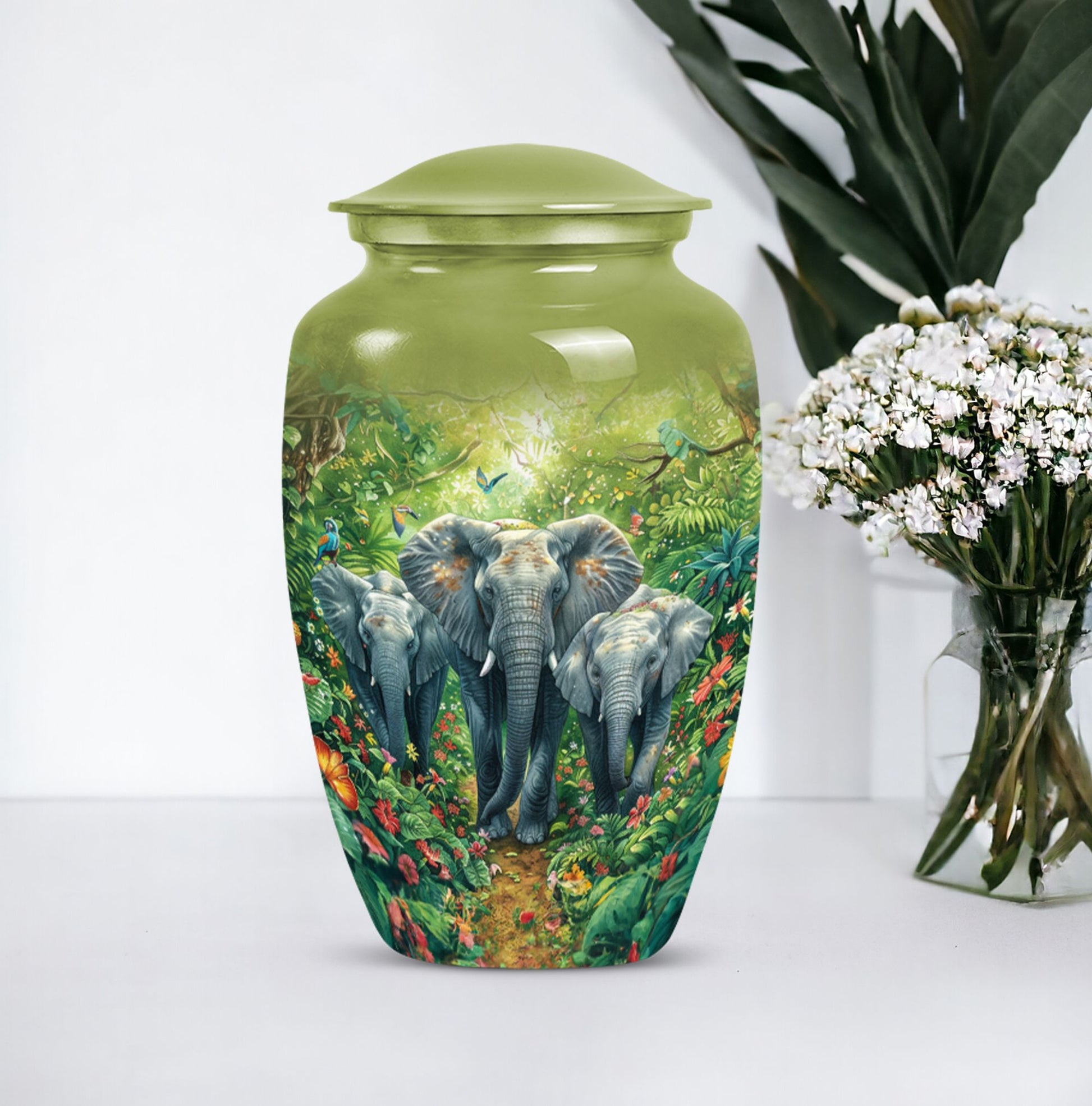 10 inch classic elephant urn with butterfly theme.