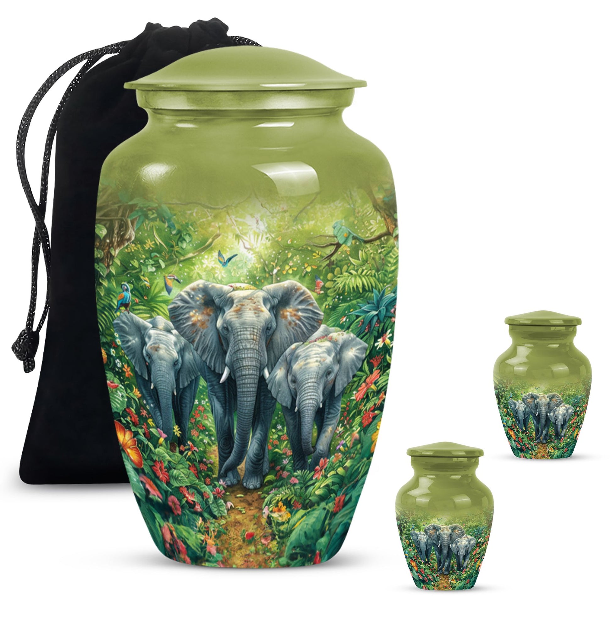 10 inch classic elephant urn with butterfly theme.