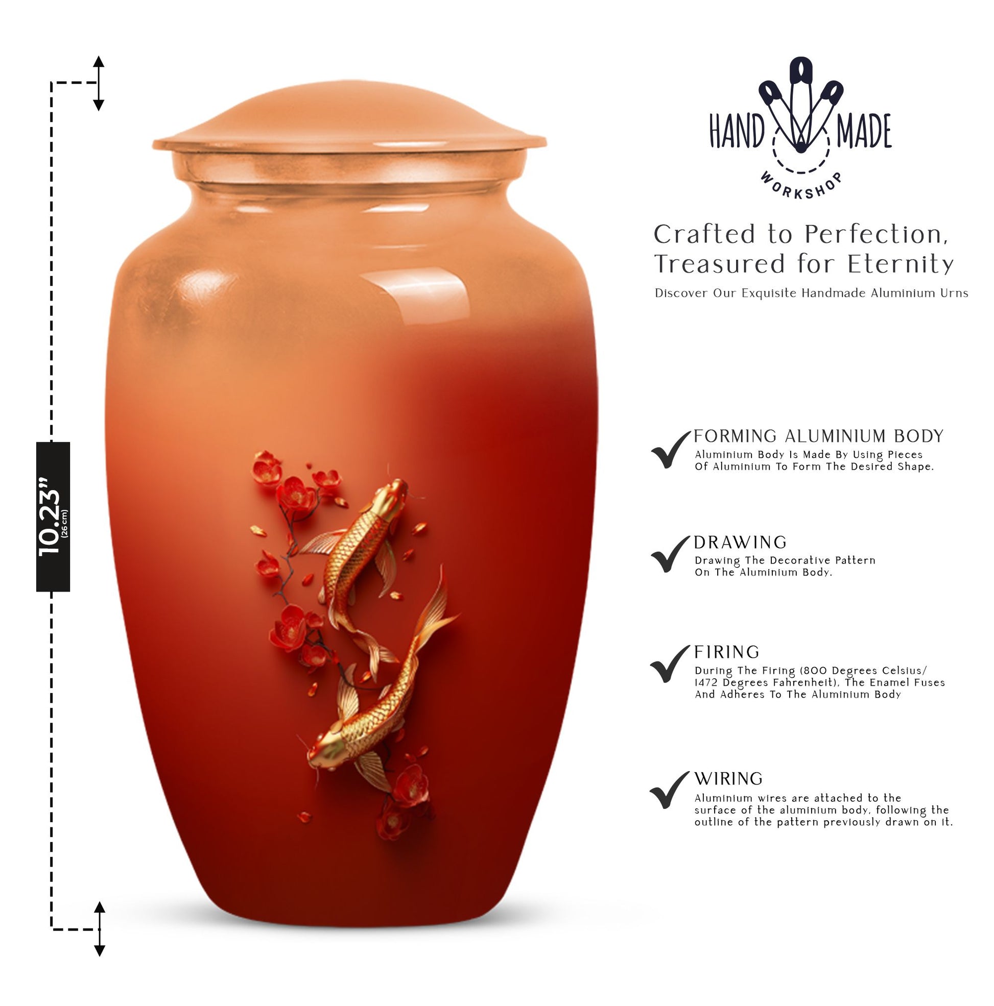 Gold fish urn with butterfly theme, ideal for memorial ashes