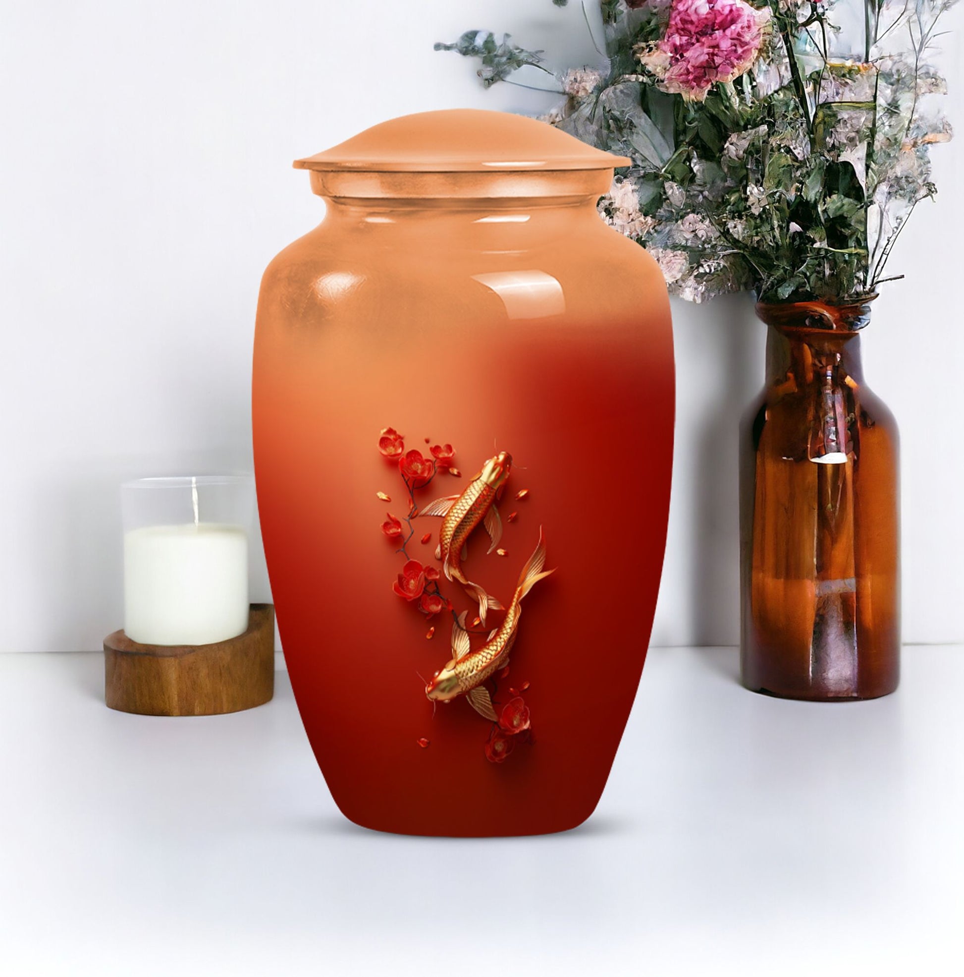 Gold fish urn with butterfly theme, ideal for memorial ashes