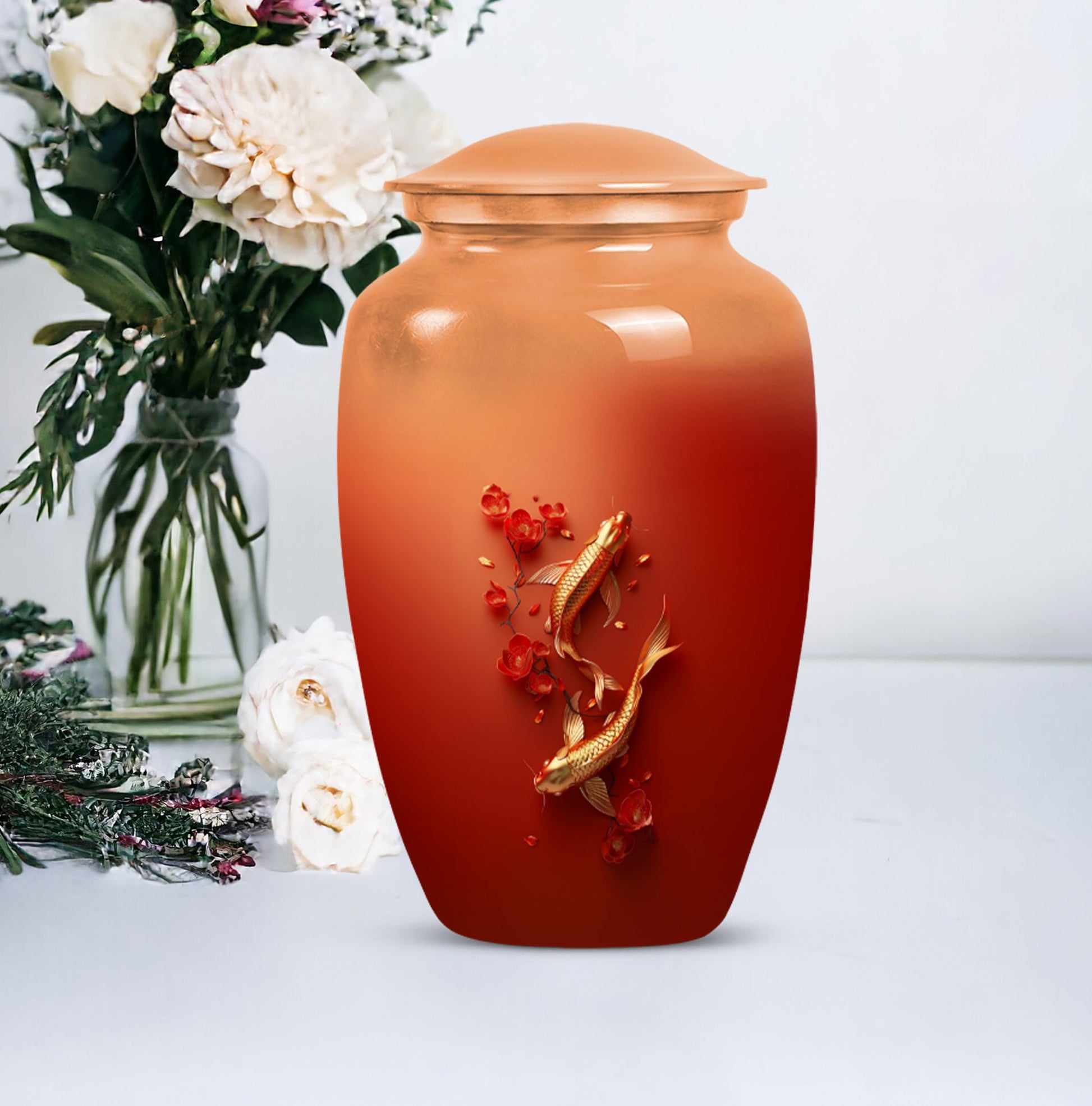 Gold fish urn with butterfly theme, ideal for memorial ashes