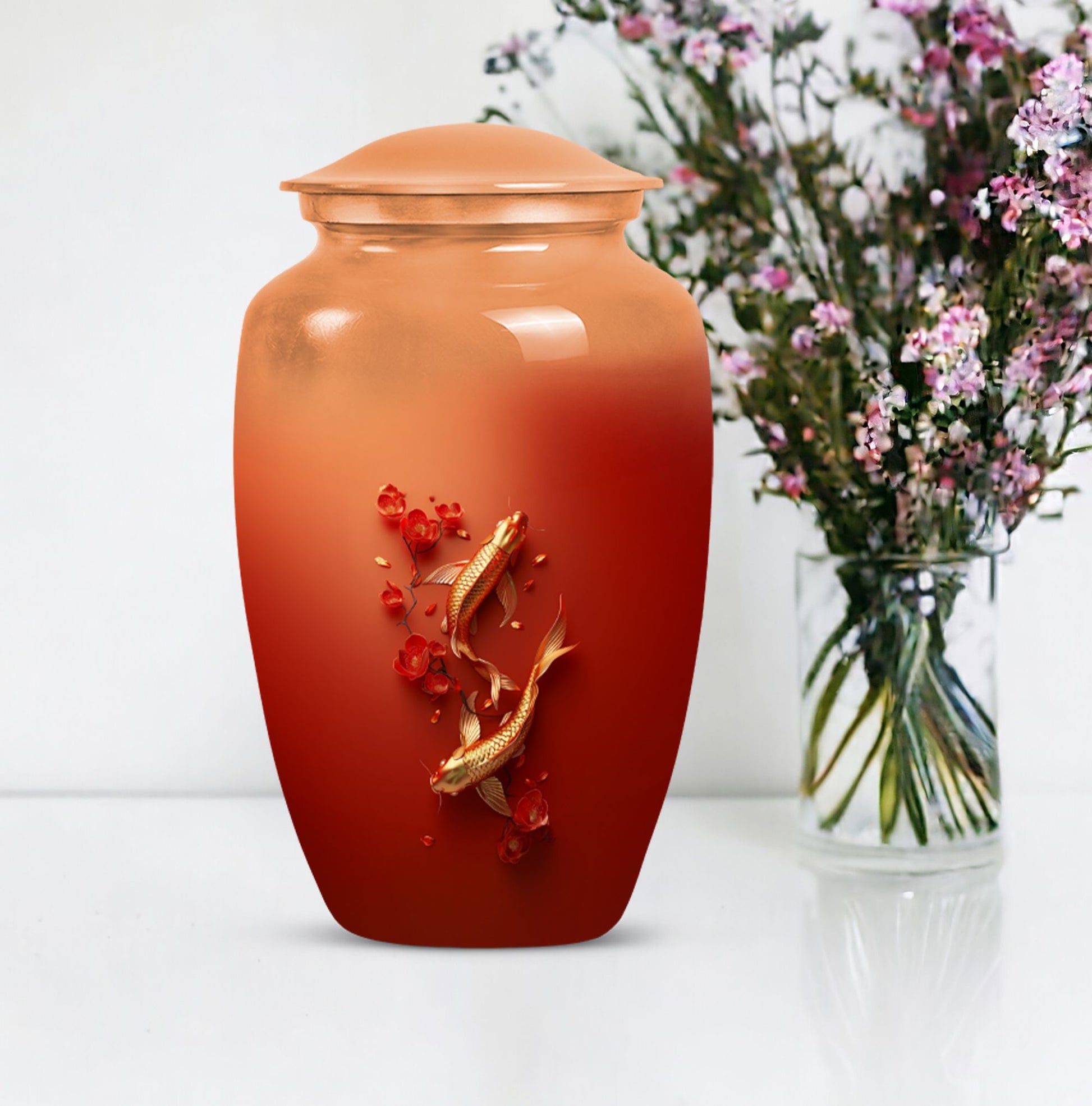 Gold fish urn with butterfly theme, ideal for memorial ashes