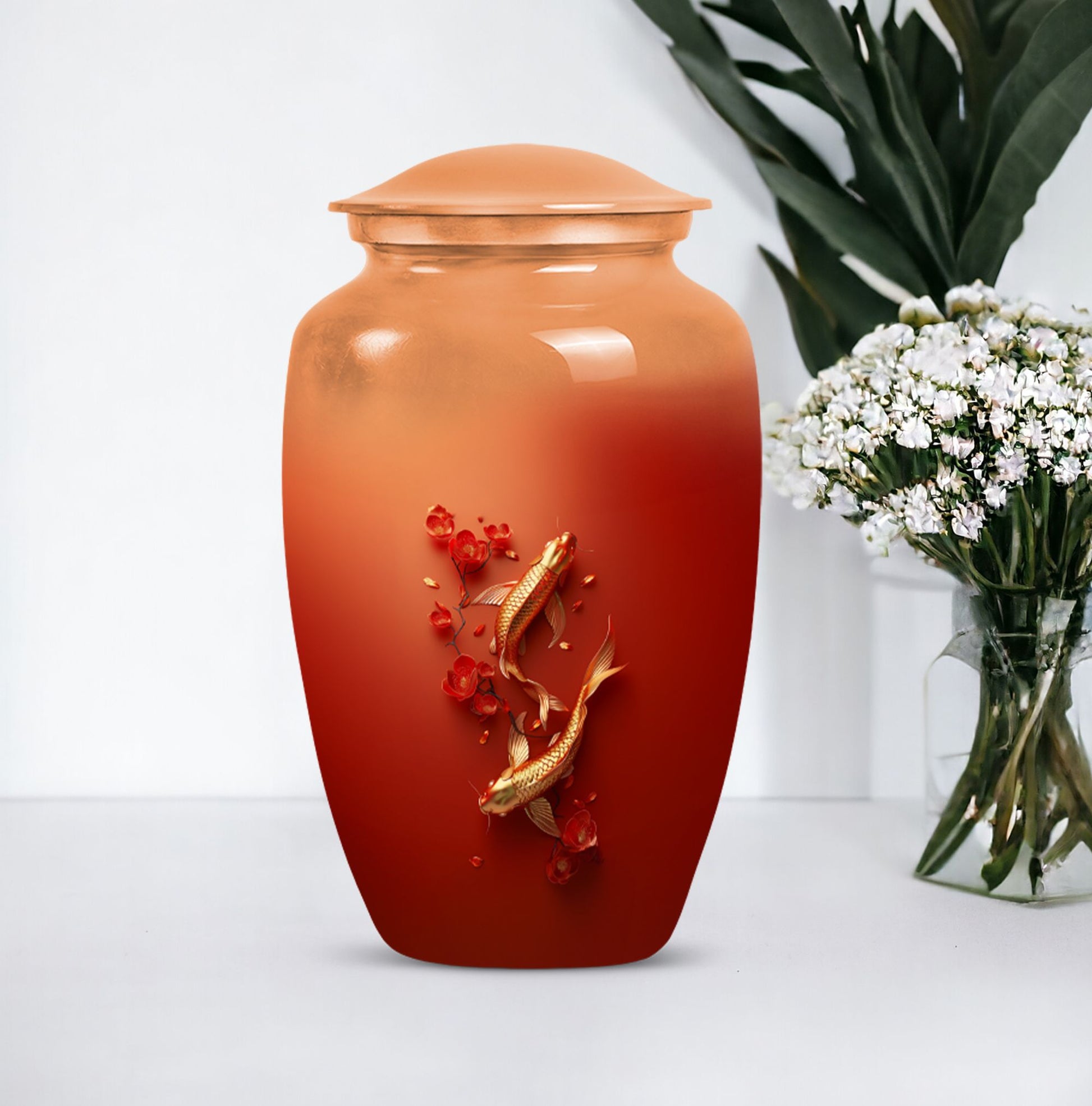 Gold fish urn with butterfly theme, ideal for memorial ashes