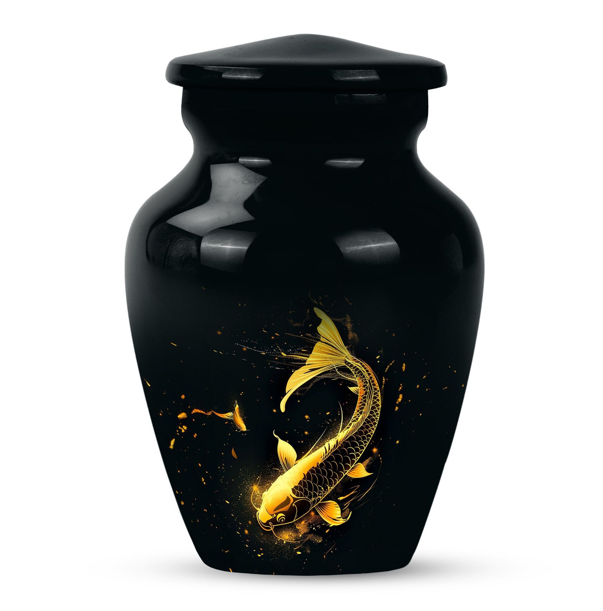 large gold fish cremation urn.