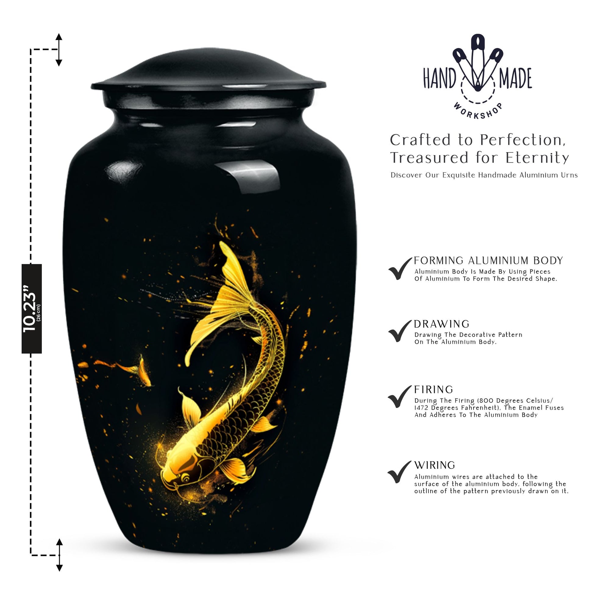 large gold fish cremation urn.